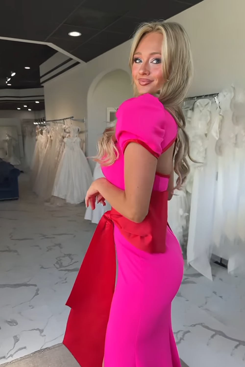 Fuchsia Square Neck Puff Sleeves Mermaid Long Prom Dress with Bow