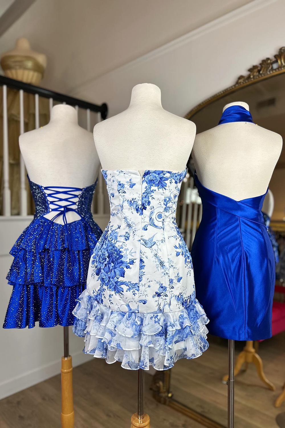 Royal Blue Satin Halter Backless Tight Short Homecoming Dress