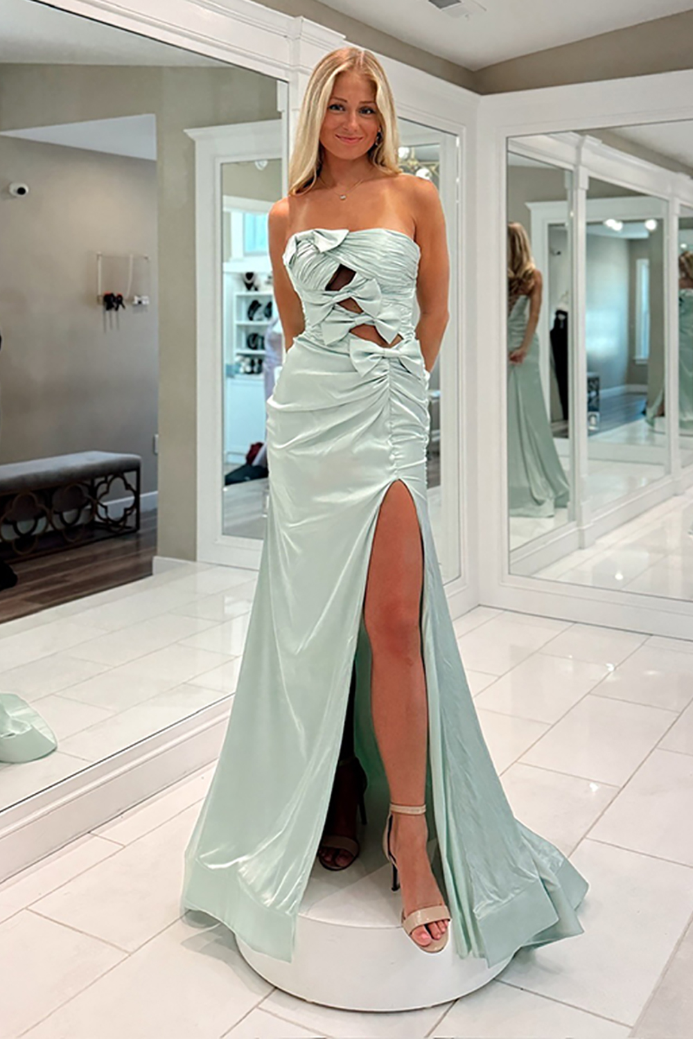 Sage Green Strapless Satin Cut Out Mermaid Long Prom Dress with Slit