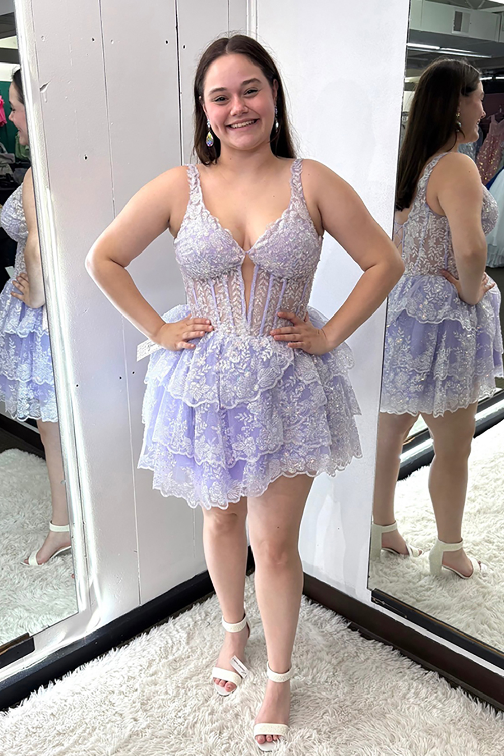 Lilac Thick Straps Lace Ruffled Corset A-Line Short Homecoming Dress