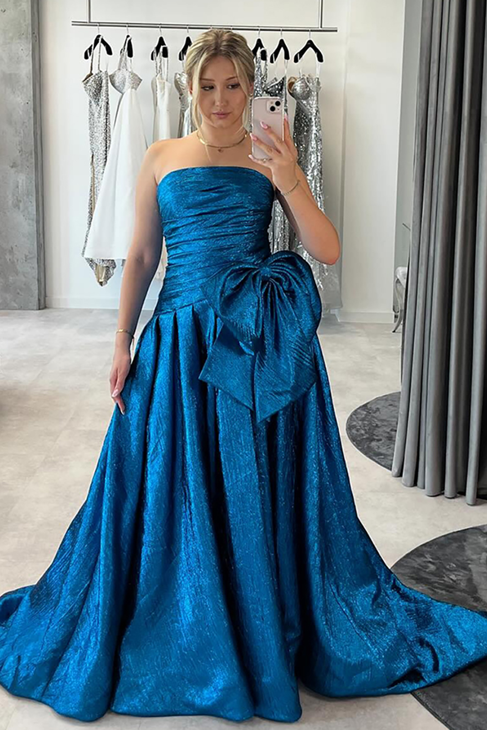 Sparkly Blue Metallic Strapless A-Line Long Prom Dress with Bow