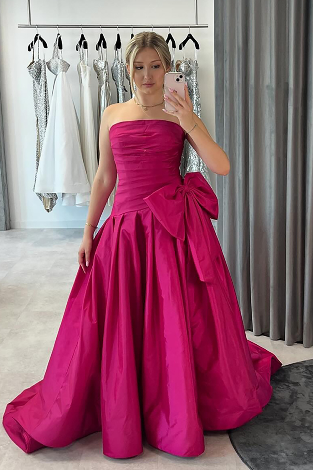 Fuchsia Satin Ruched Strapless A-Line Long Prom Dress with Bow