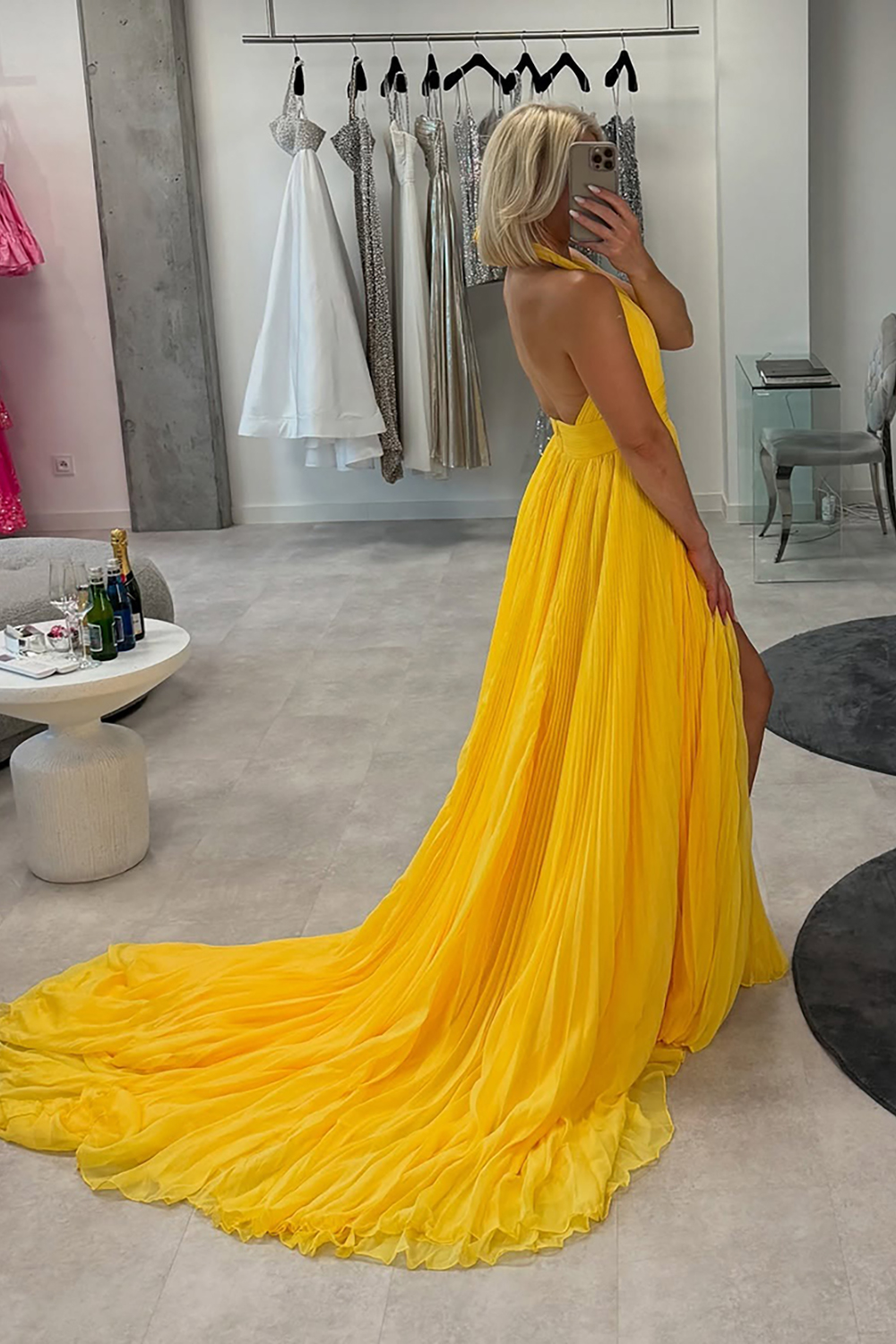 Yellow Chiffon Pleated Halter A-Line Long Prom Dress with Slit