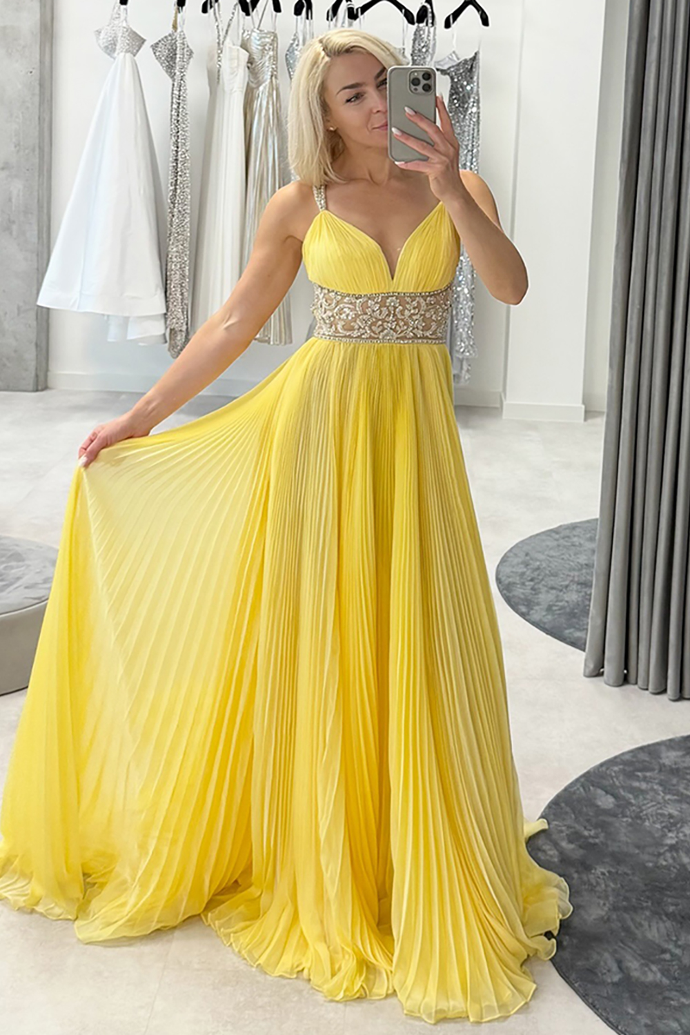 Sparkly Yellow Chiffon Pleated V-Neck A-Line Long Prom Dress with Beading