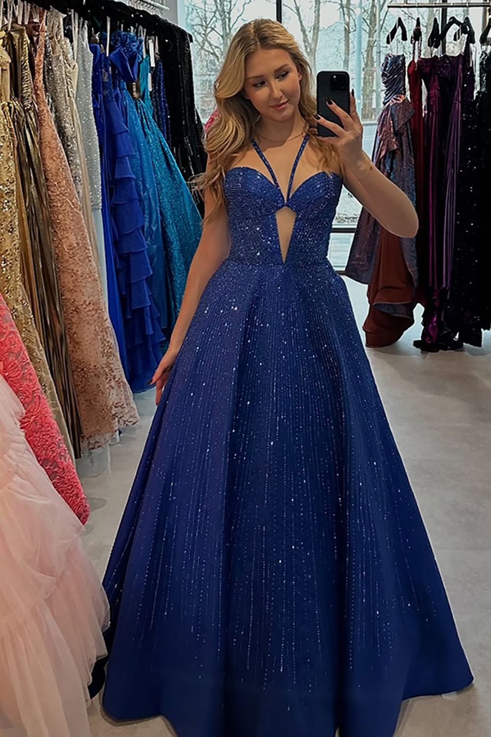 Sparkly Dark Blue Satin Halter A-Line Long Prom Dress with Beading