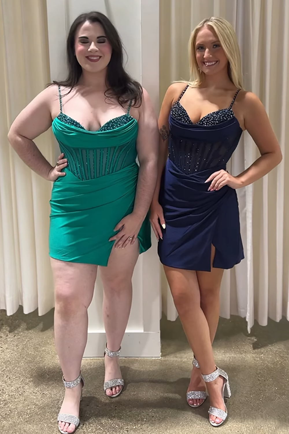 Sparkly Purple Satin Spaghetti Straps Corset Tight Short Homecoming Dress with Beading