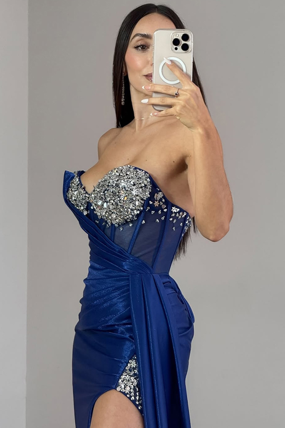 Sparkly Navy Satin Sweetheart Corset Long Prom Dress with Rhinestones