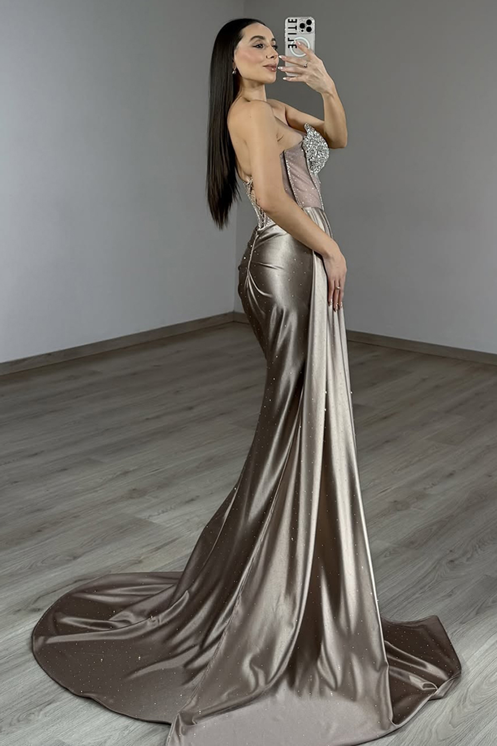 Sparkly Grey Mermaid Satin Corset Long Prom Dress with Slit