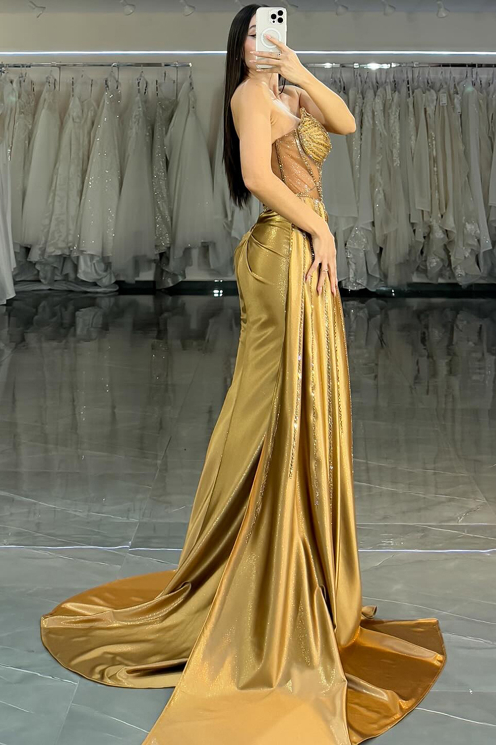 Sparkly Golden Mermaid Satin Corset Beaded Long Prom Dress with Slit