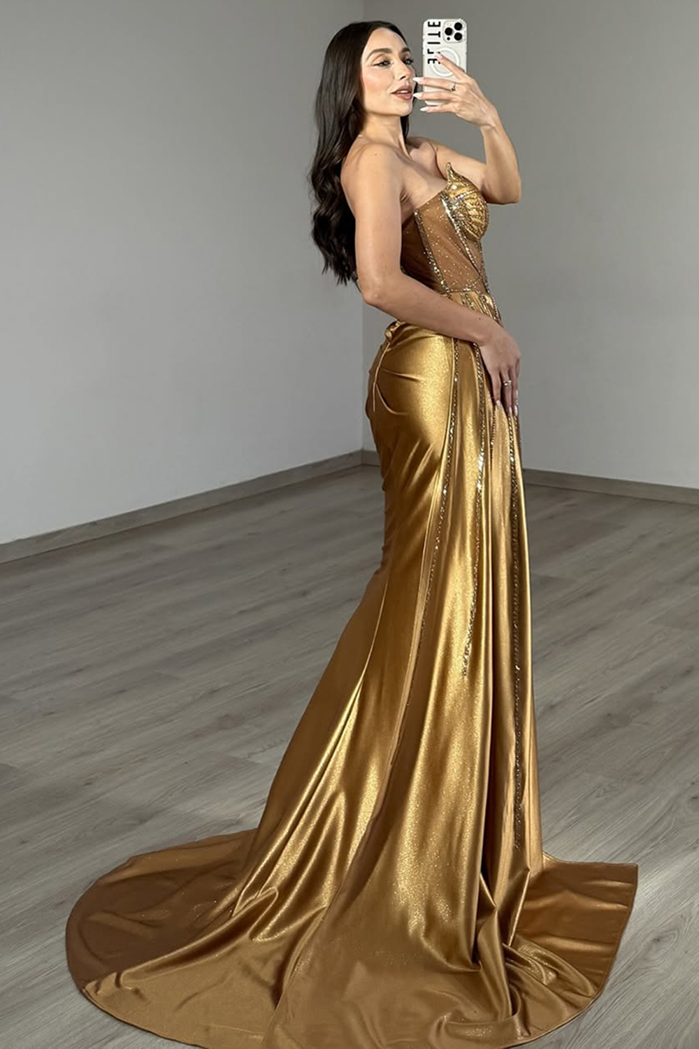Sparkly Golden Mermaid Satin Corset Beaded Long Prom Dress with Slit