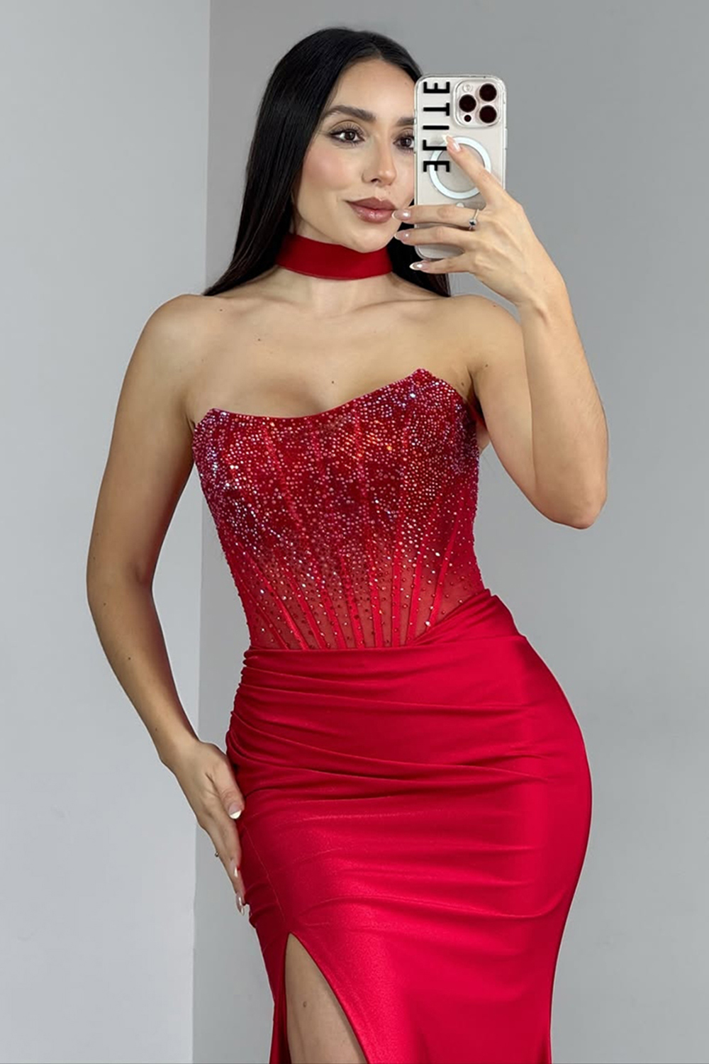 Sparkly Red Satin Strapless Corset Long Prom Dress with Slit