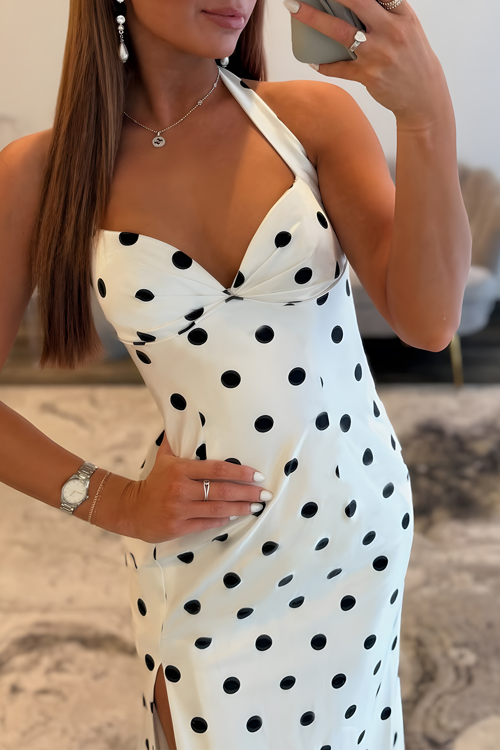 White Black Dot Sheath Halter Long Corset Prom Dress with Slit