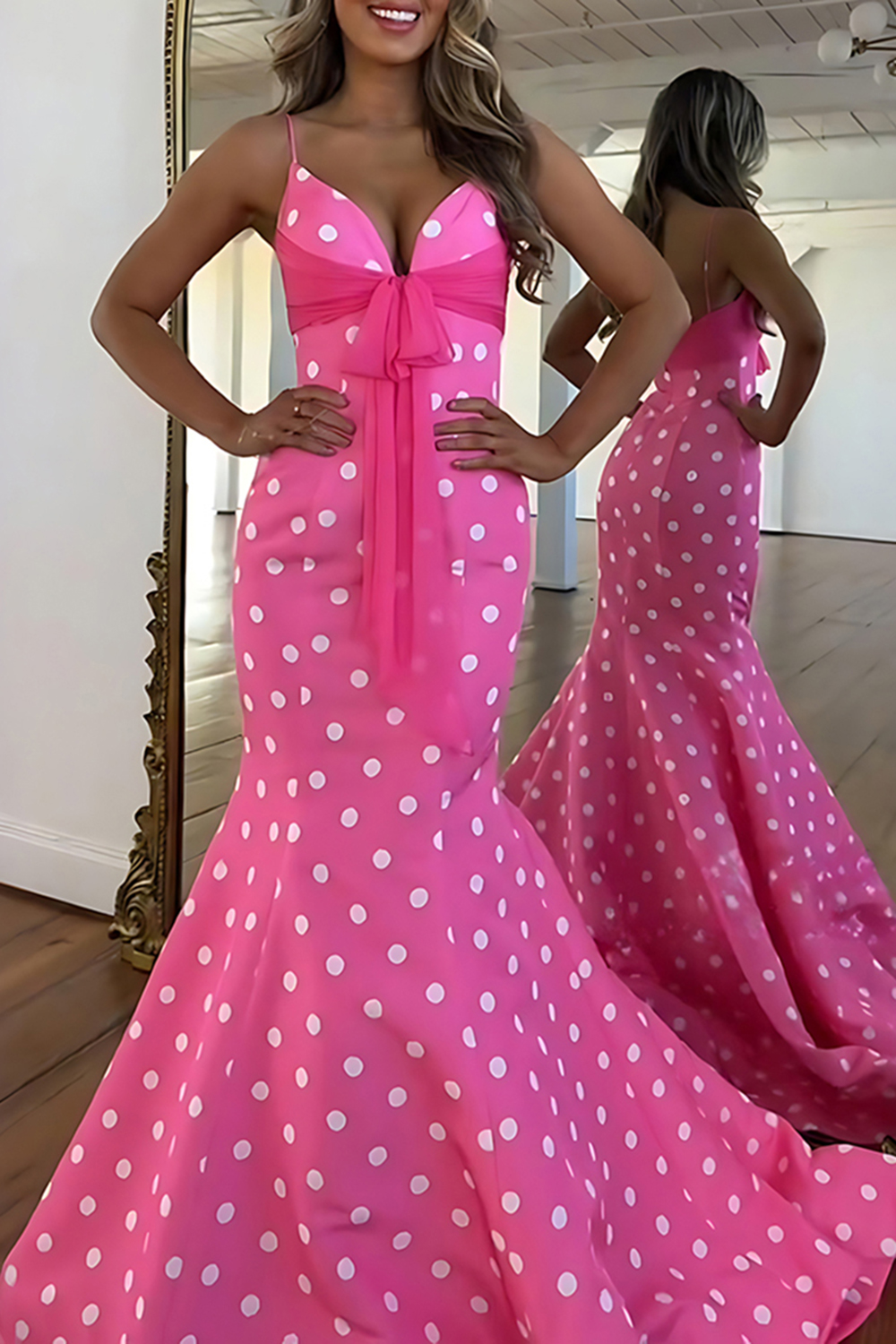 White Black Dot Mermaid Satin Spaghetti Straps Long Prom Dress with Sash