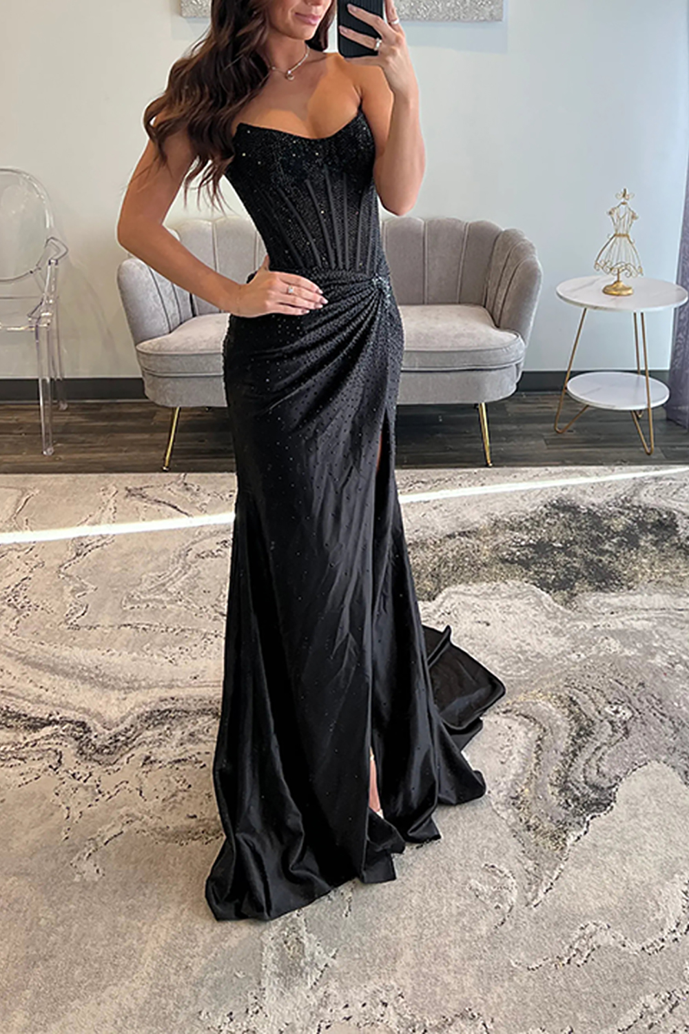 Sparkly Blush Sheath Satin Long Corset Ruched Prom Dress with Slit