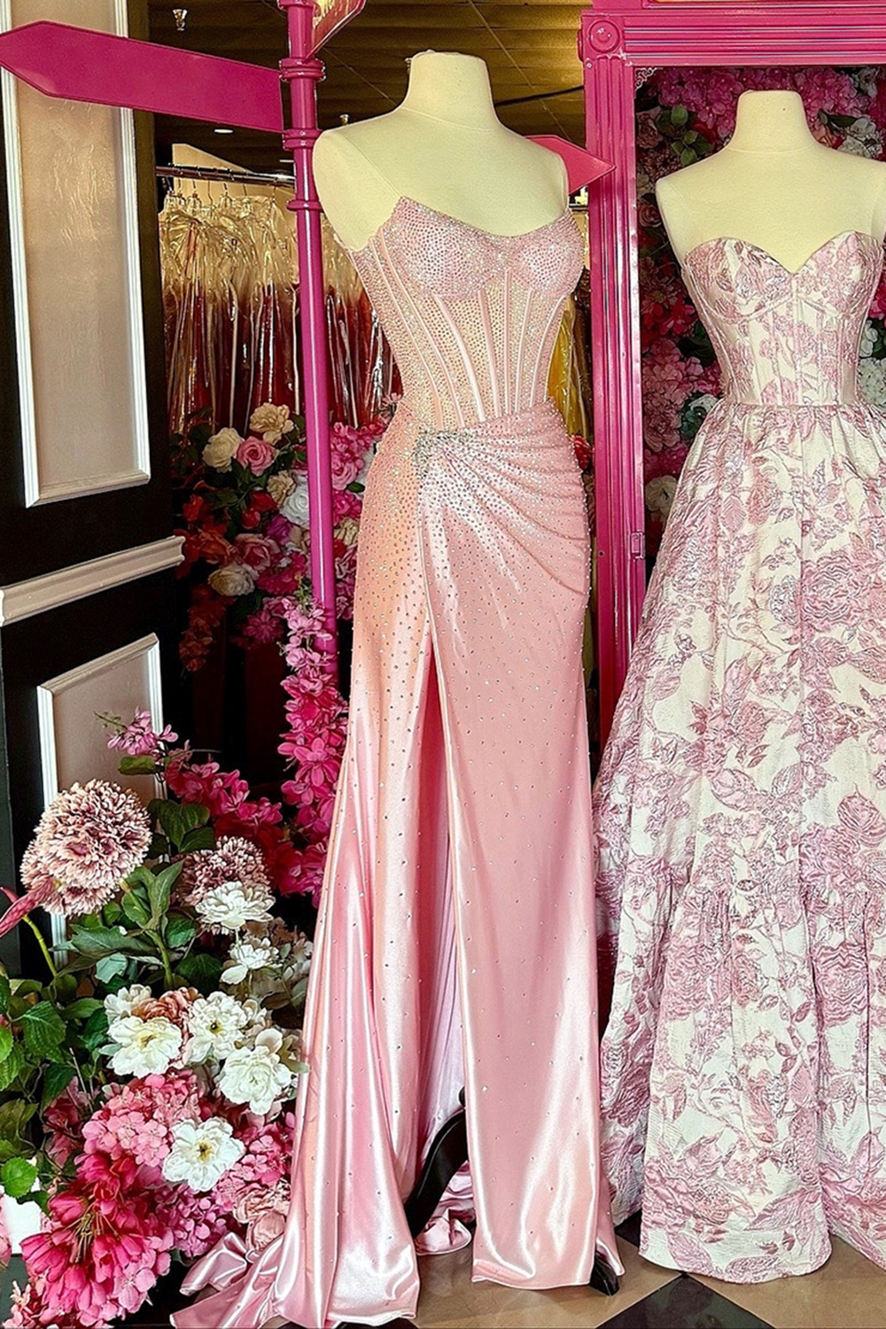 Sparkly Blush Sheath Satin Long Corset Ruched Prom Dress with Slit