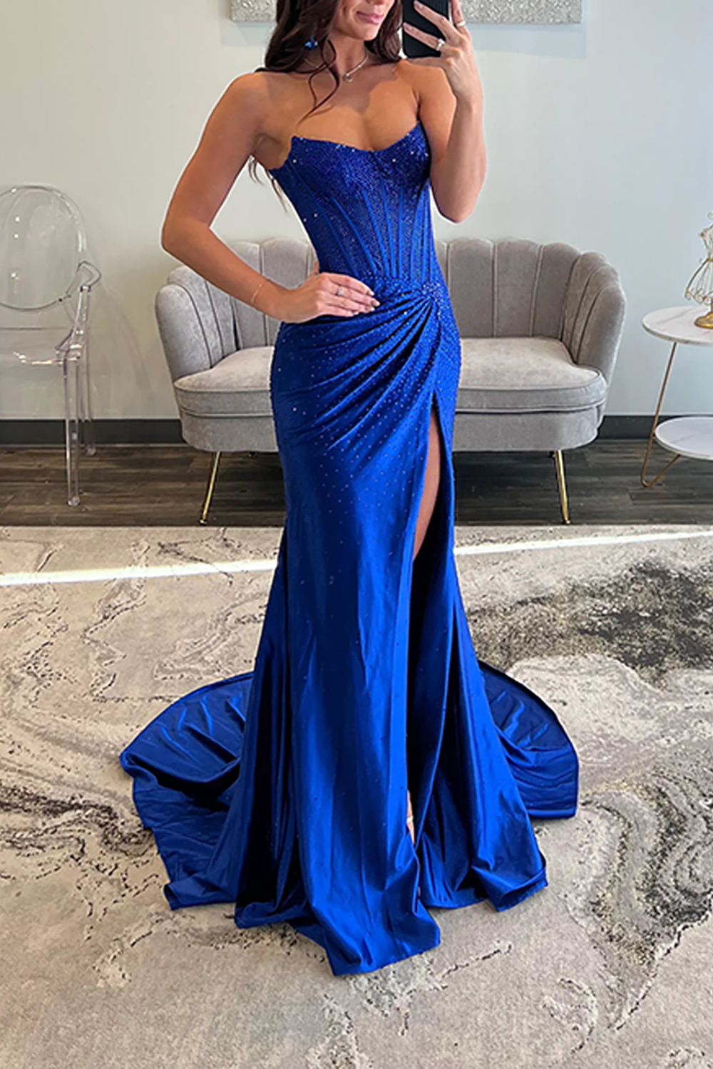 Sparkly Blush Sheath Satin Long Corset Ruched Prom Dress with Slit