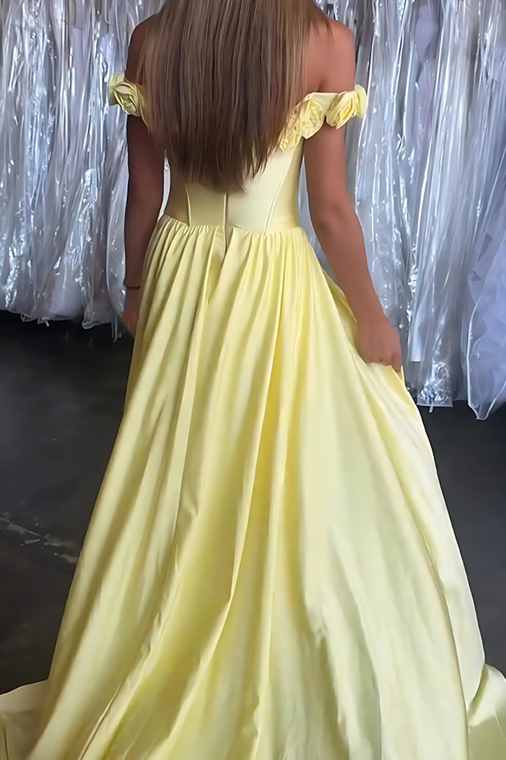 Yellow Floral Satin Off the Shoulder Long Corset Prom Dress with Cape