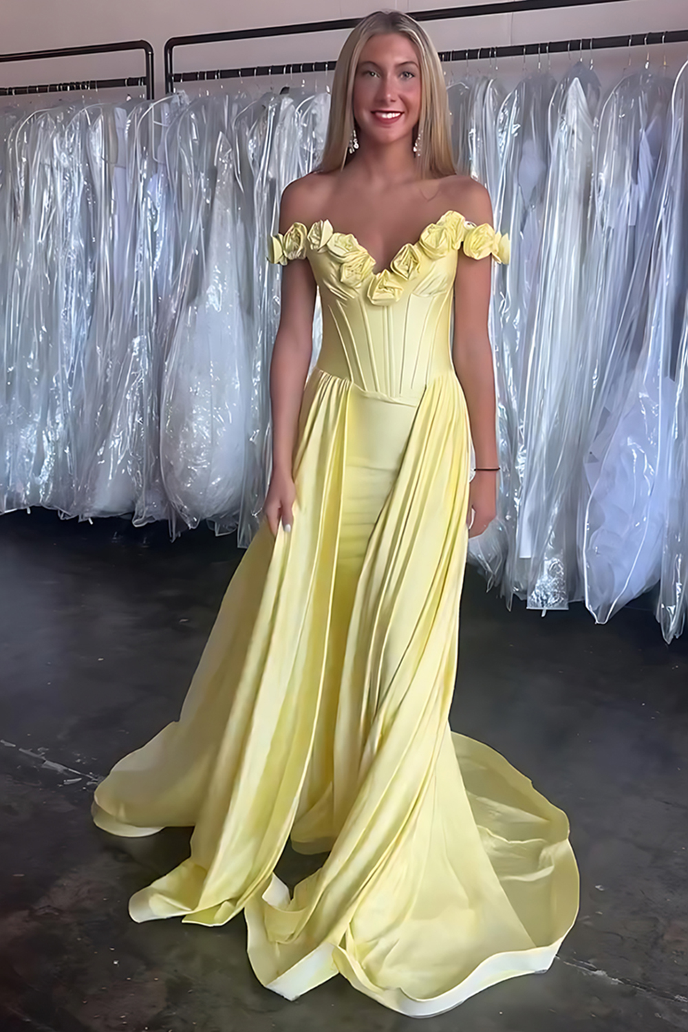 Yellow Floral Satin Off the Shoulder Long Corset Prom Dress with Cape