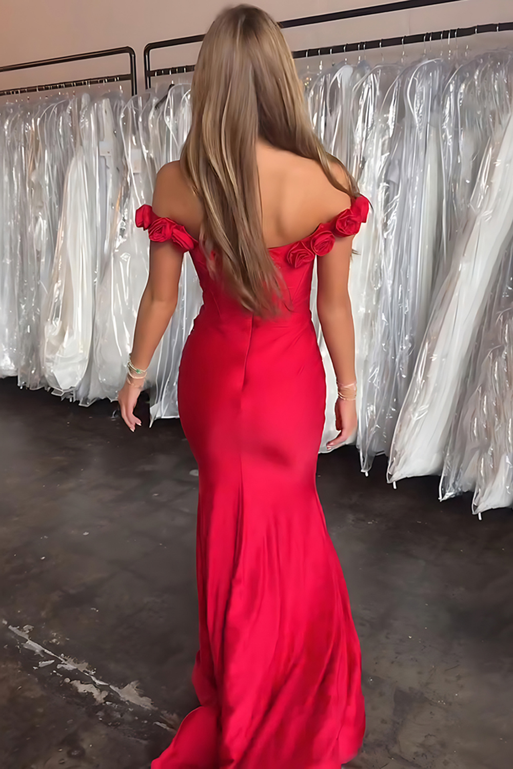 Red Mermaid Floral Satin Off the Shoulder Corset Long Prom Dress