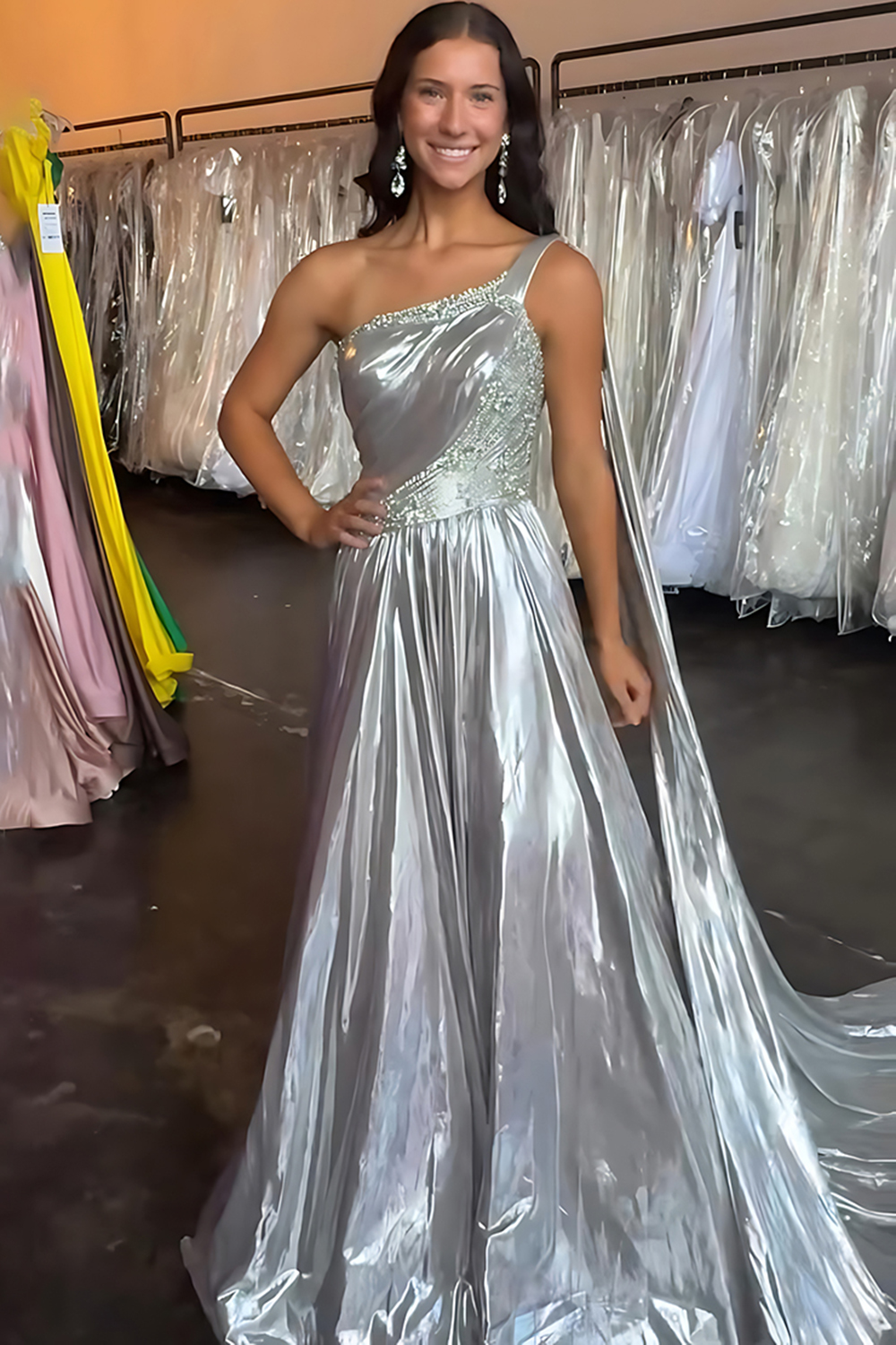Sparkly Silver Metallic Beaded One Shoulder Long Prom Dress with Sash