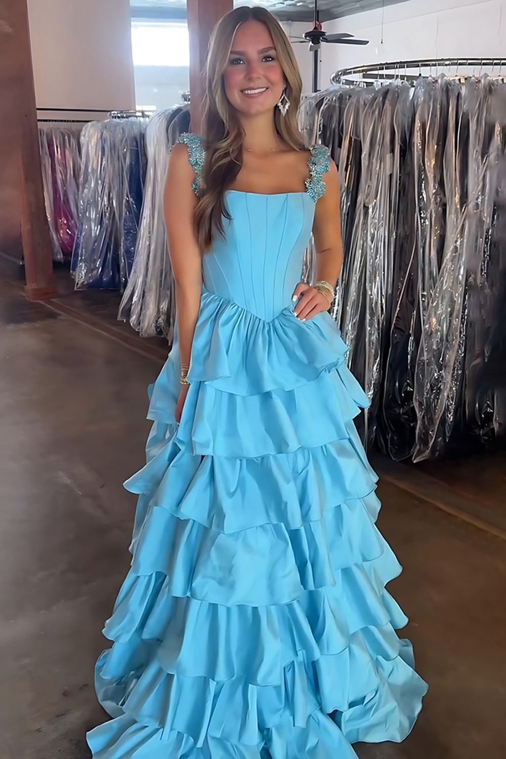 Sparkly Blue Corset Satin A Line Ruffled Long Prom Dress with Rhinestones