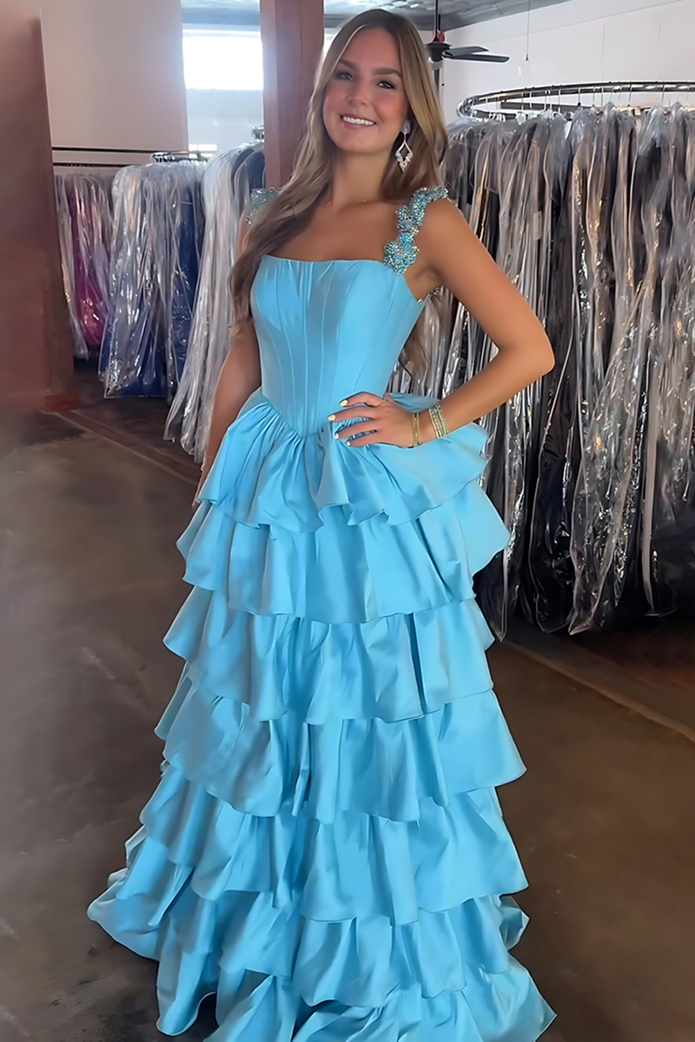 Sparkly Blue Corset Satin A Line Ruffled Long Prom Dress with Rhinestones