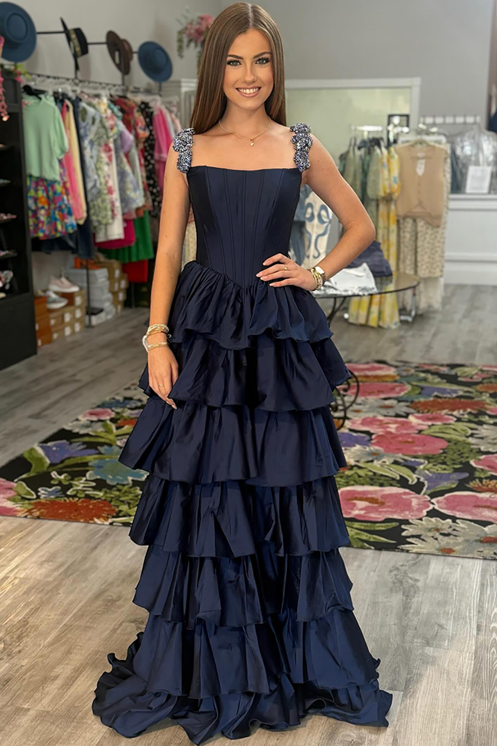 Sparkly Blue Corset Satin A Line Ruffled Long Prom Dress with Rhinestones