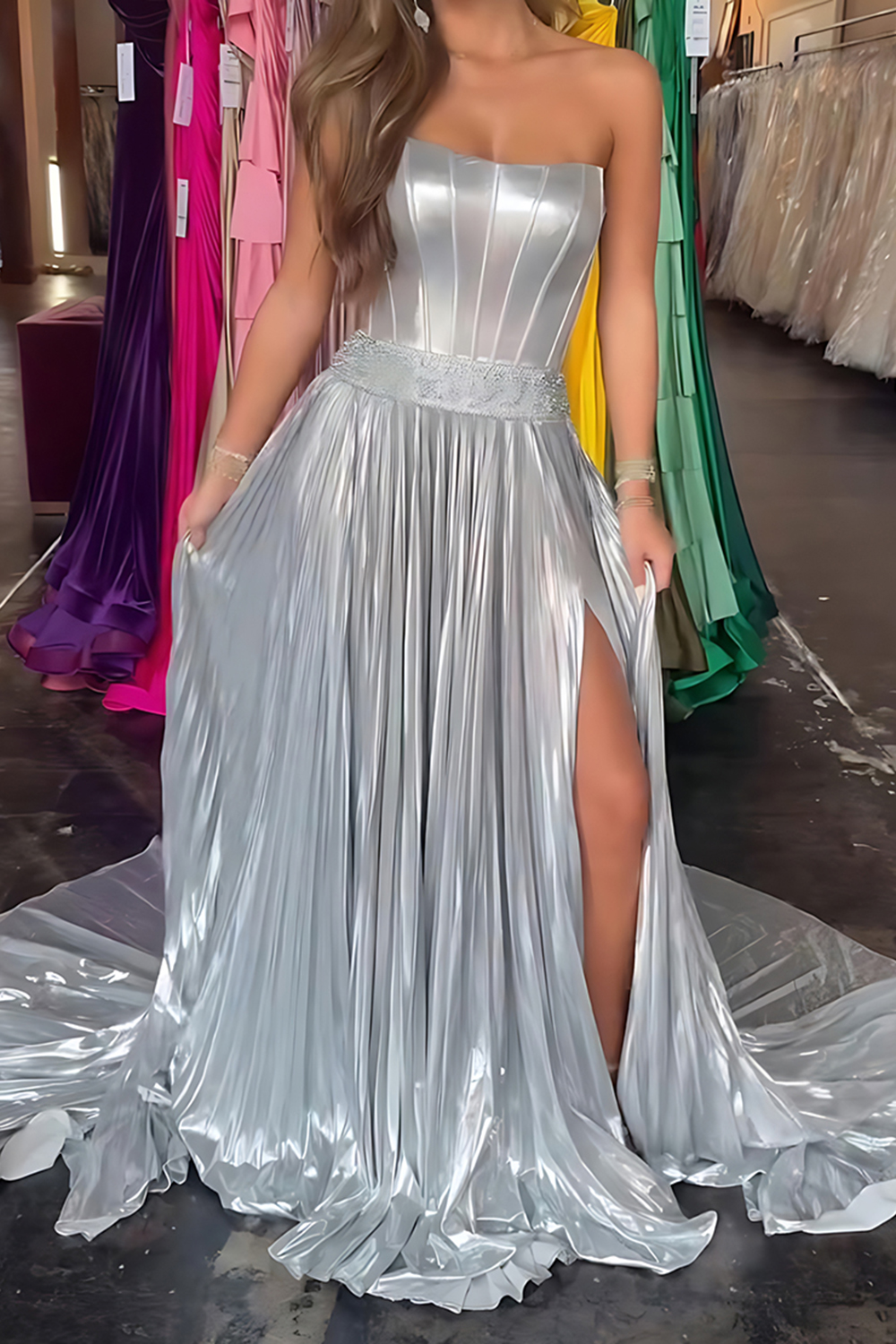 Sparkly Silver A Line Metallic Corset Strapless Long Prom Dress with Slit