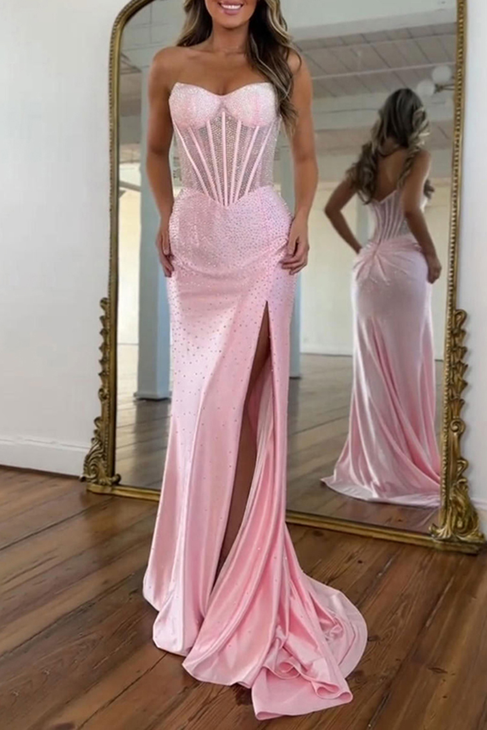 Sparkly Green Sheath Corset Strapless Long Prom Dress with Slit