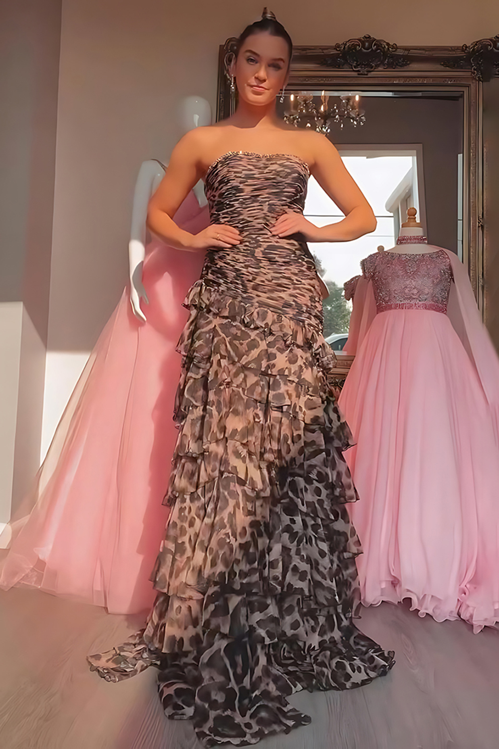 Sparkly Brown Leopard Beaded Strapless Tiered Long Prom Dress with Ruffles