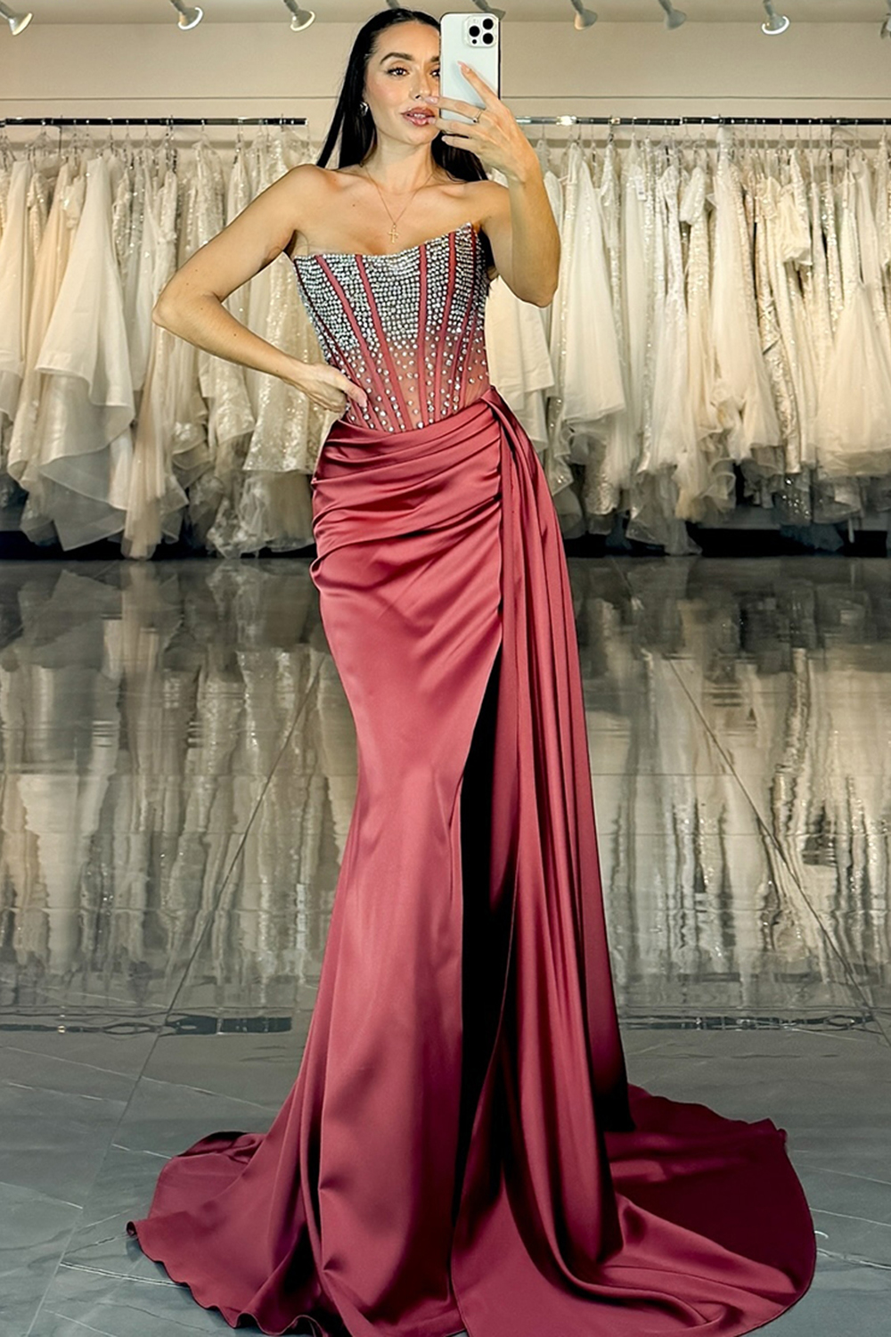 Sparkly Burgundy Mermaid Satin Beaded Strapless Long Prom Dress with Slit