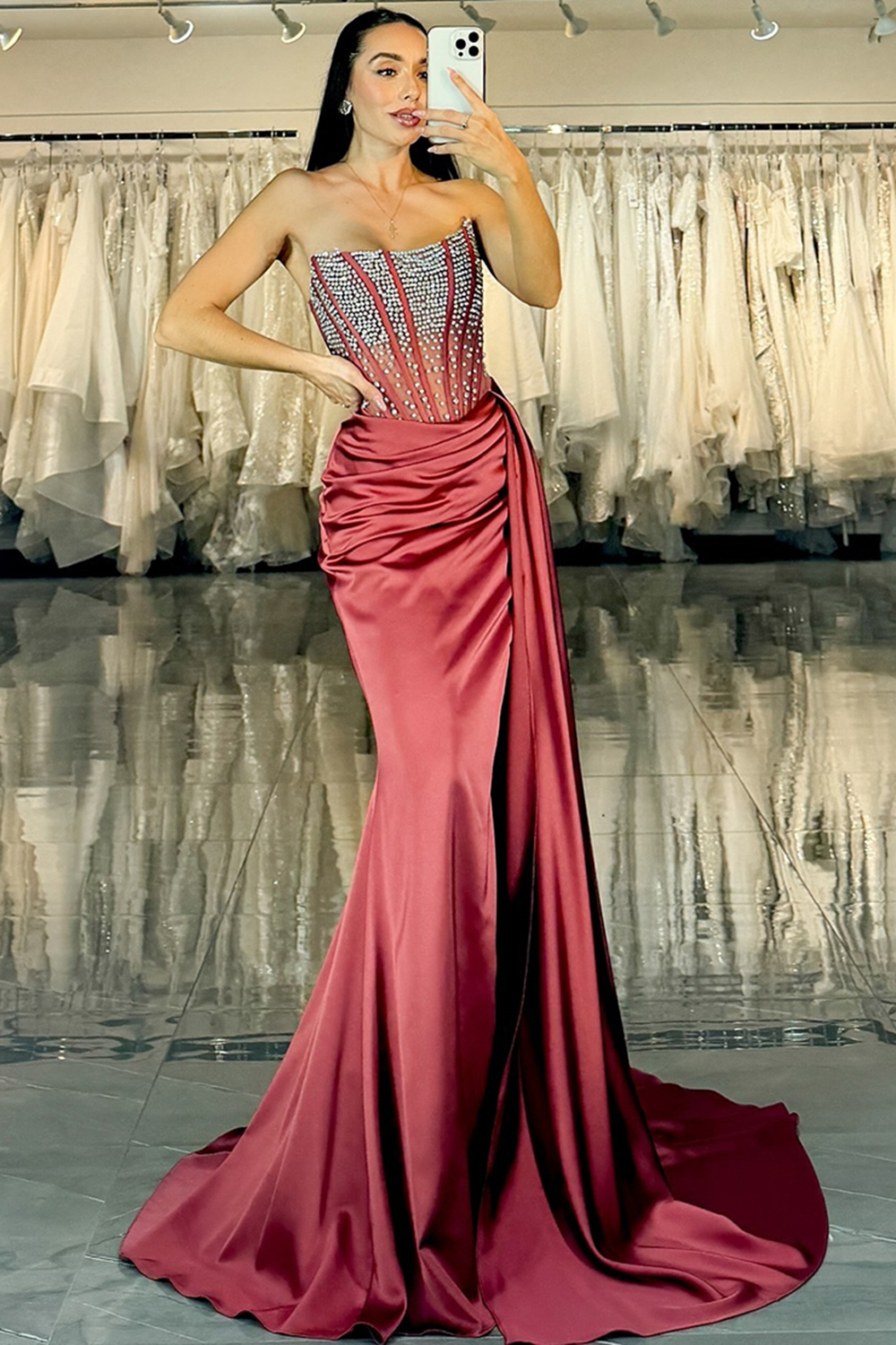 Sparkly Burgundy Mermaid Satin Beaded Strapless Long Prom Dress with Slit