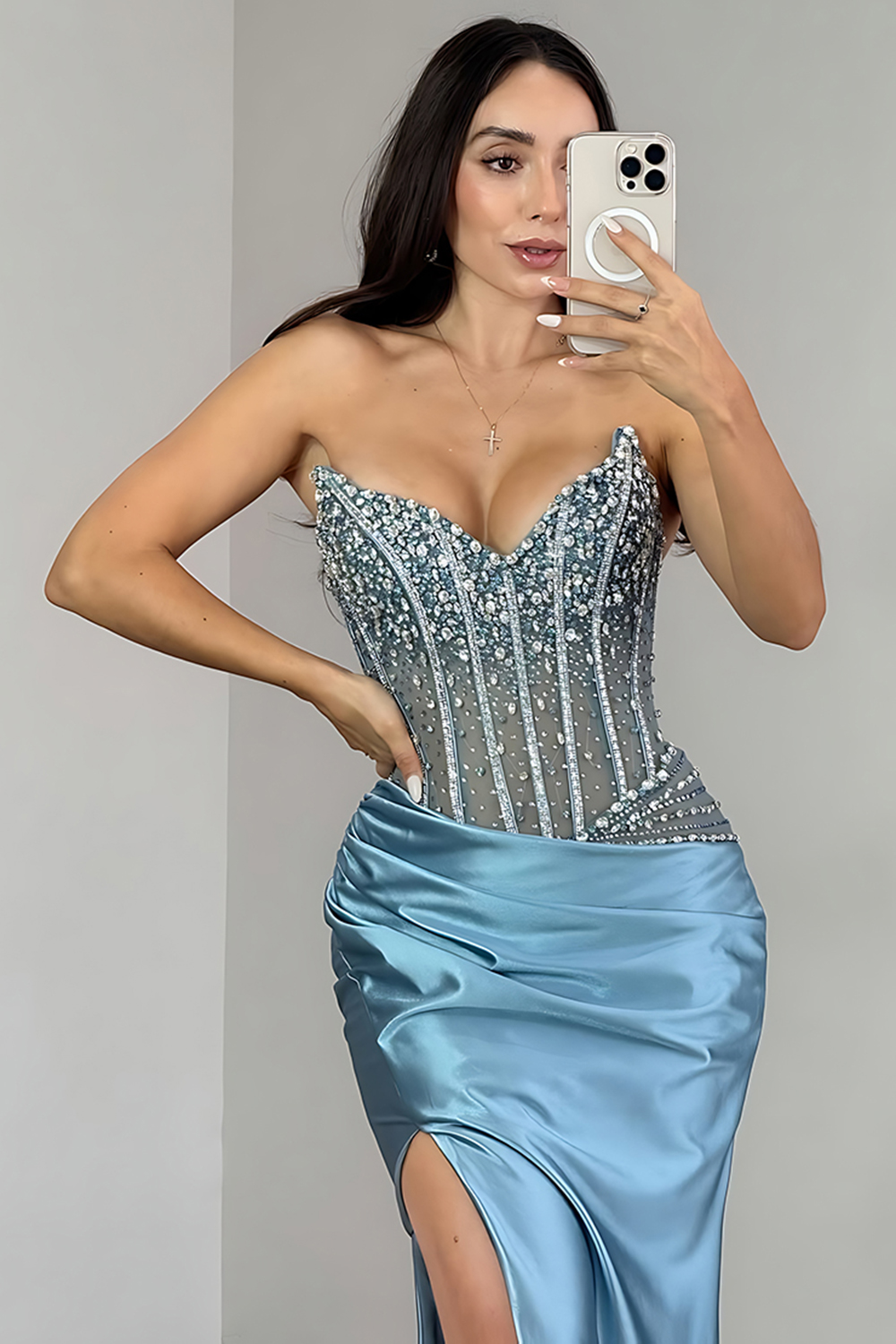 Sparkly Blue Mermaid Satin Beaded Corset Long Prom Dress with Rhinestones