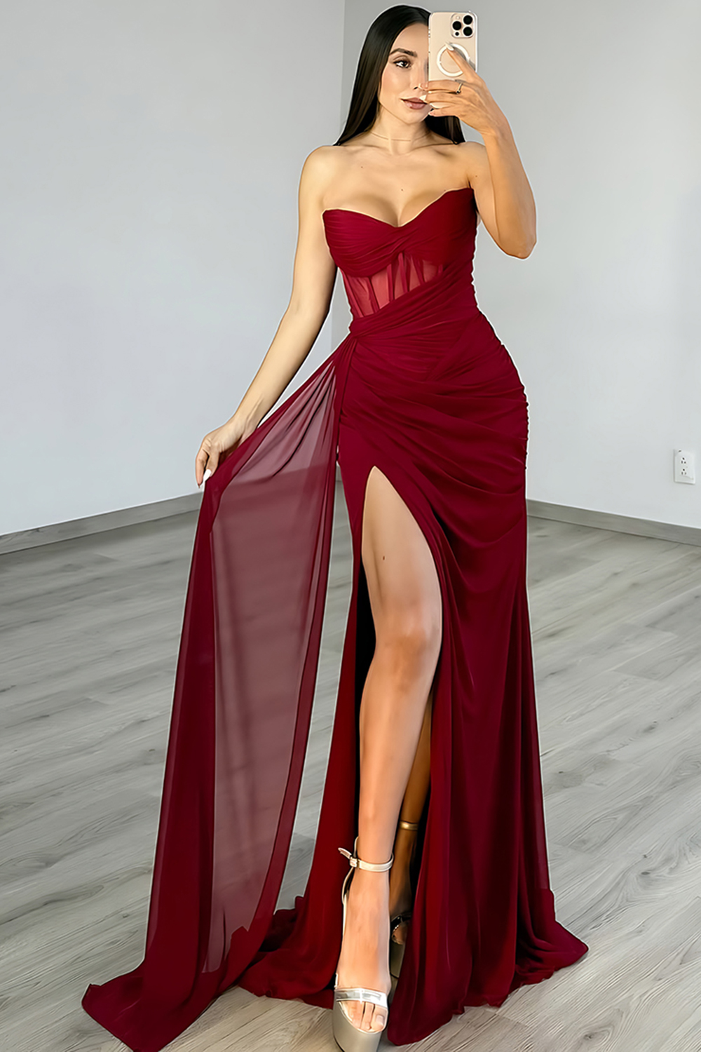 Burgundy Mermaid Sweetheart Corset Long Prom Dress with Sash