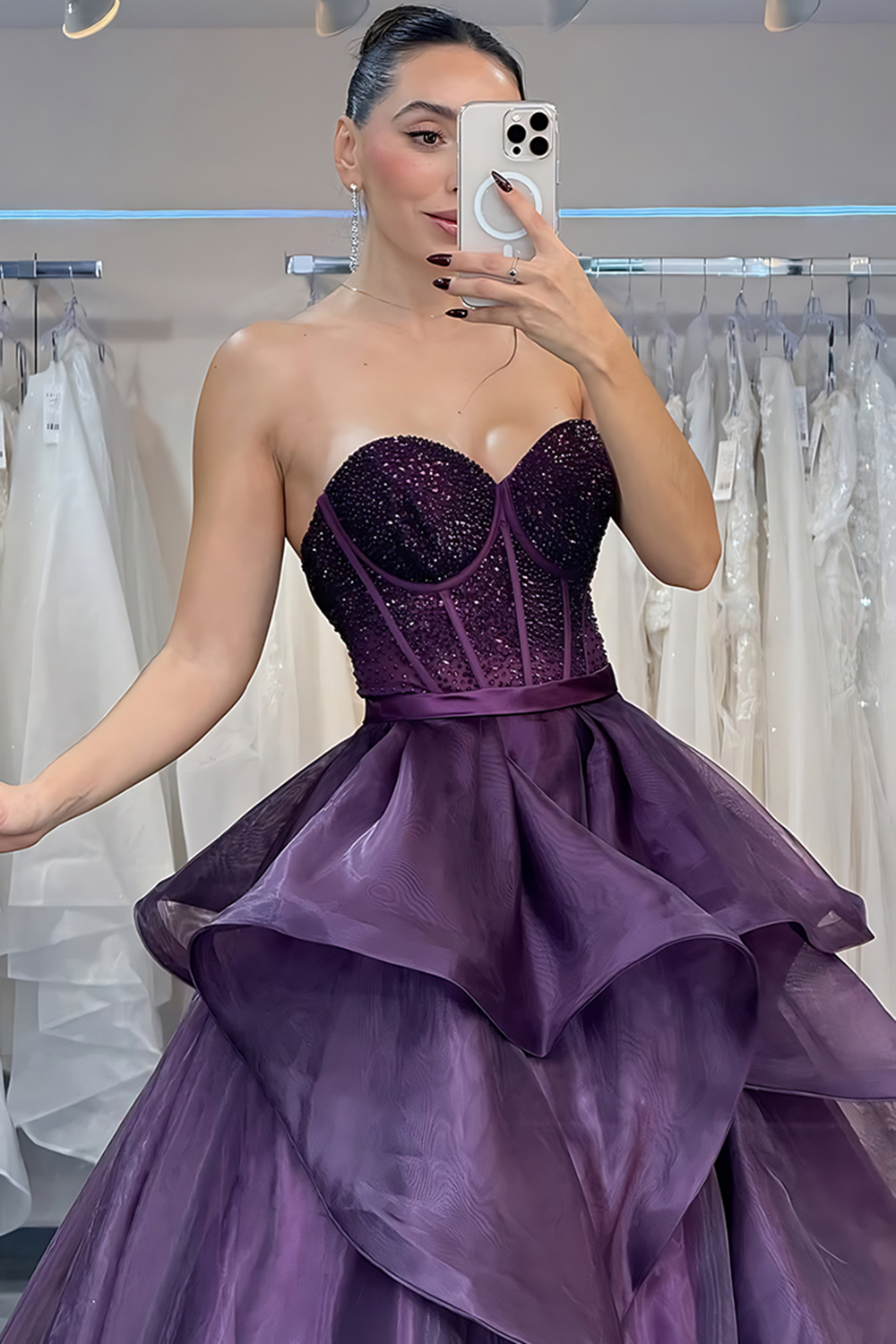Sparkly Dark Purple A Line Beaded Long Corset Prom Dress with Ruffles
