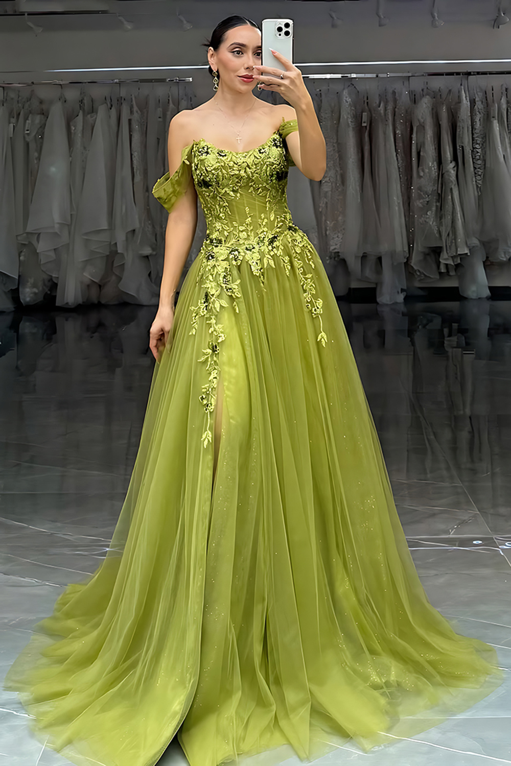 Green Off The Shoulder A-Line Long Corset Prom Dress with Lace