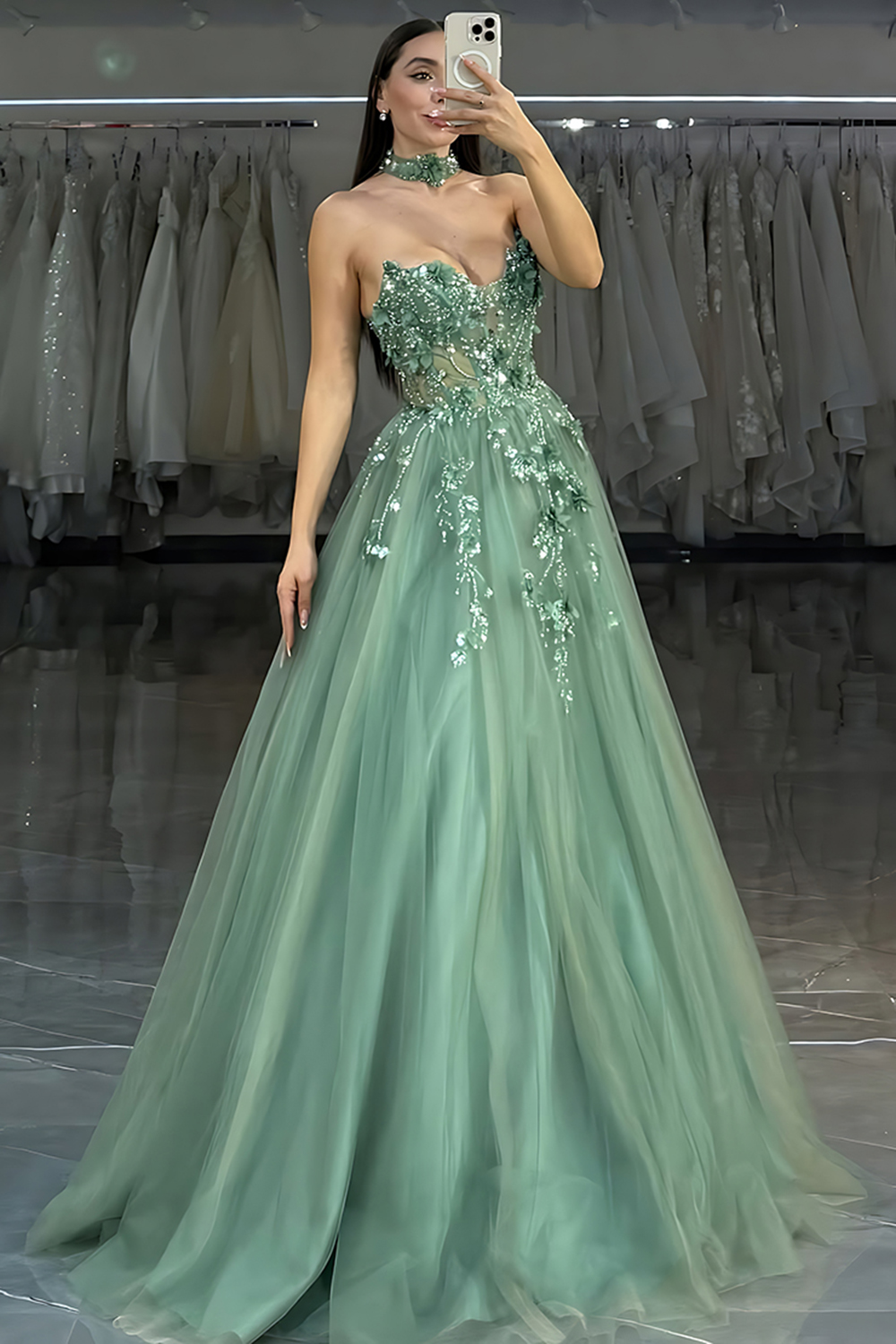 Sparkly Green Floral Sweetheart A-Line Beaded Long Corset Prom Dress