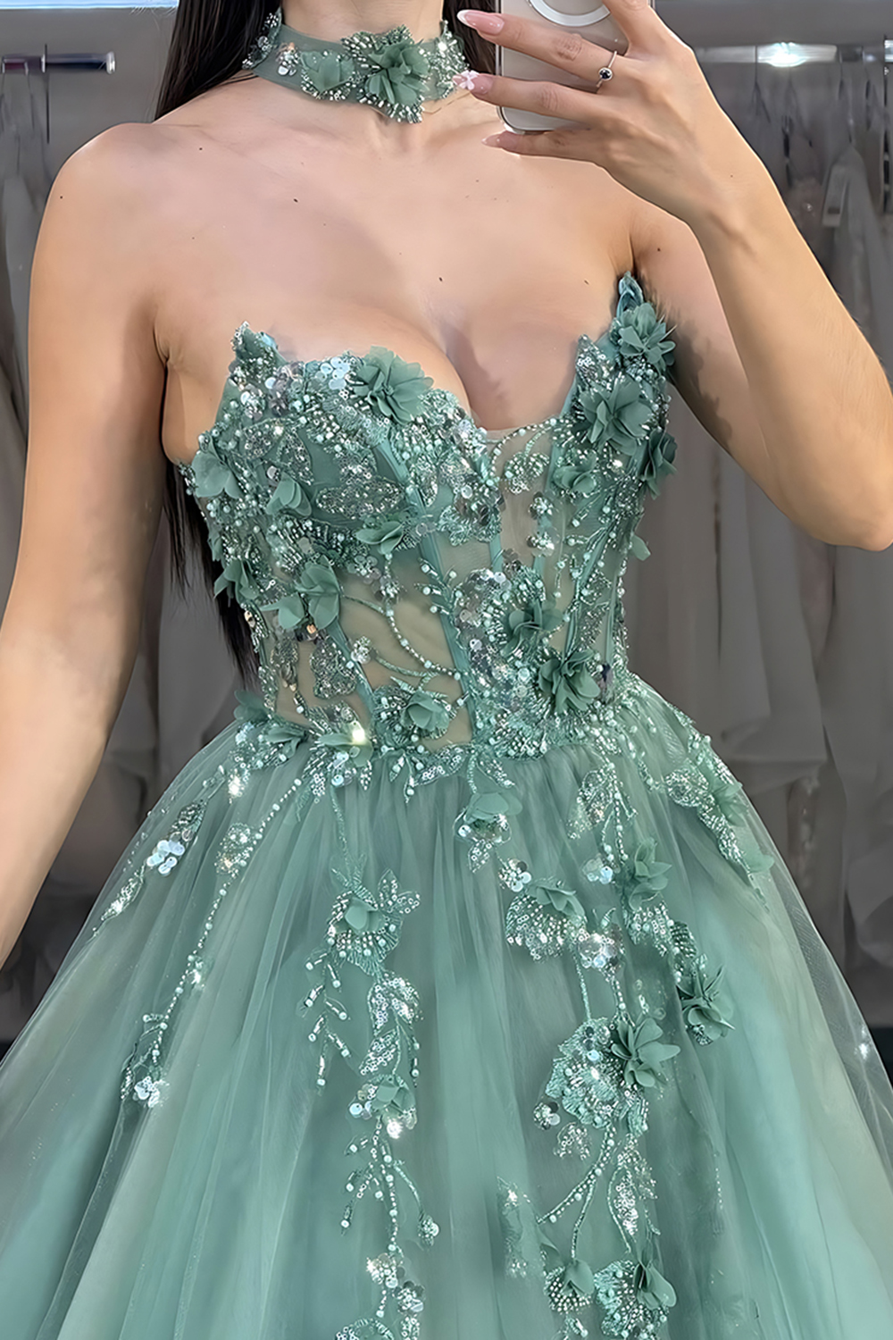 Sparkly Green Floral Sweetheart A-Line Beaded Long Corset Prom Dress