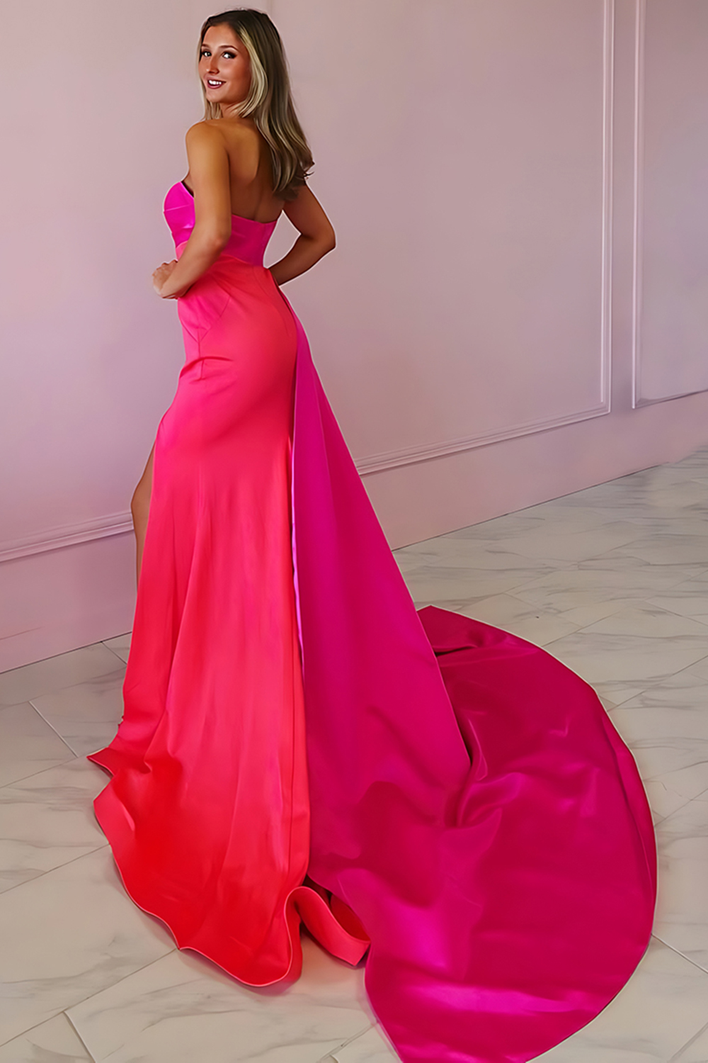 Fuchsia Satin Strapless Sheath Long Prom Dress with Cape