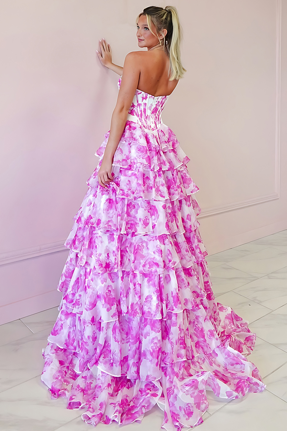 Sparkly Fuchsia Floral Sweetheart Tiered Corset Long Prom Dress with Slit