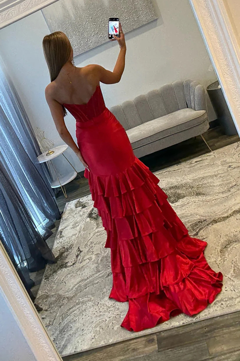 Sparkly Red Beaded Mermaid Sweetheart Ruffled Long Corset Prom Dress