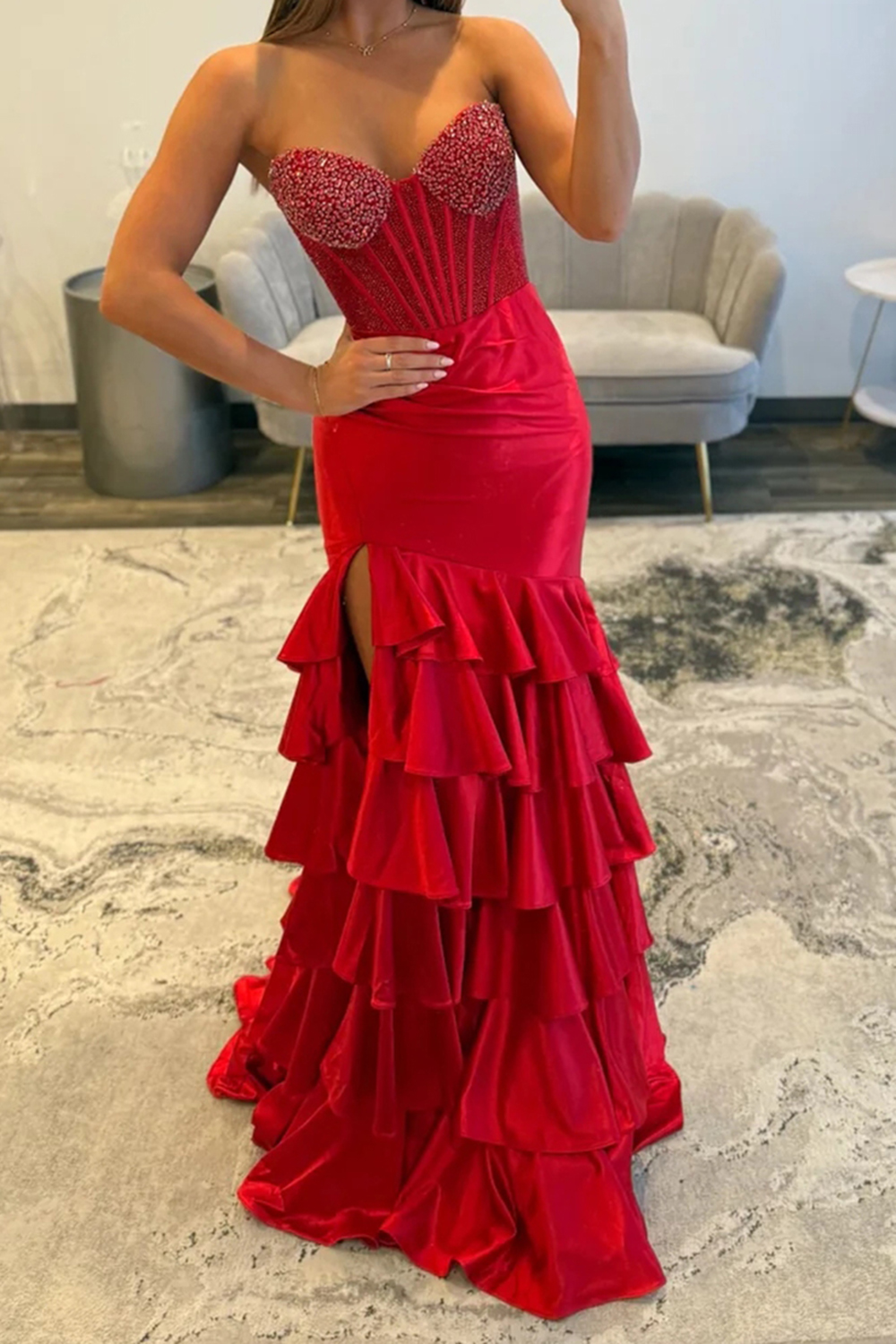 Sparkly Red Beaded Mermaid Sweetheart Ruffled Long Corset Prom Dress