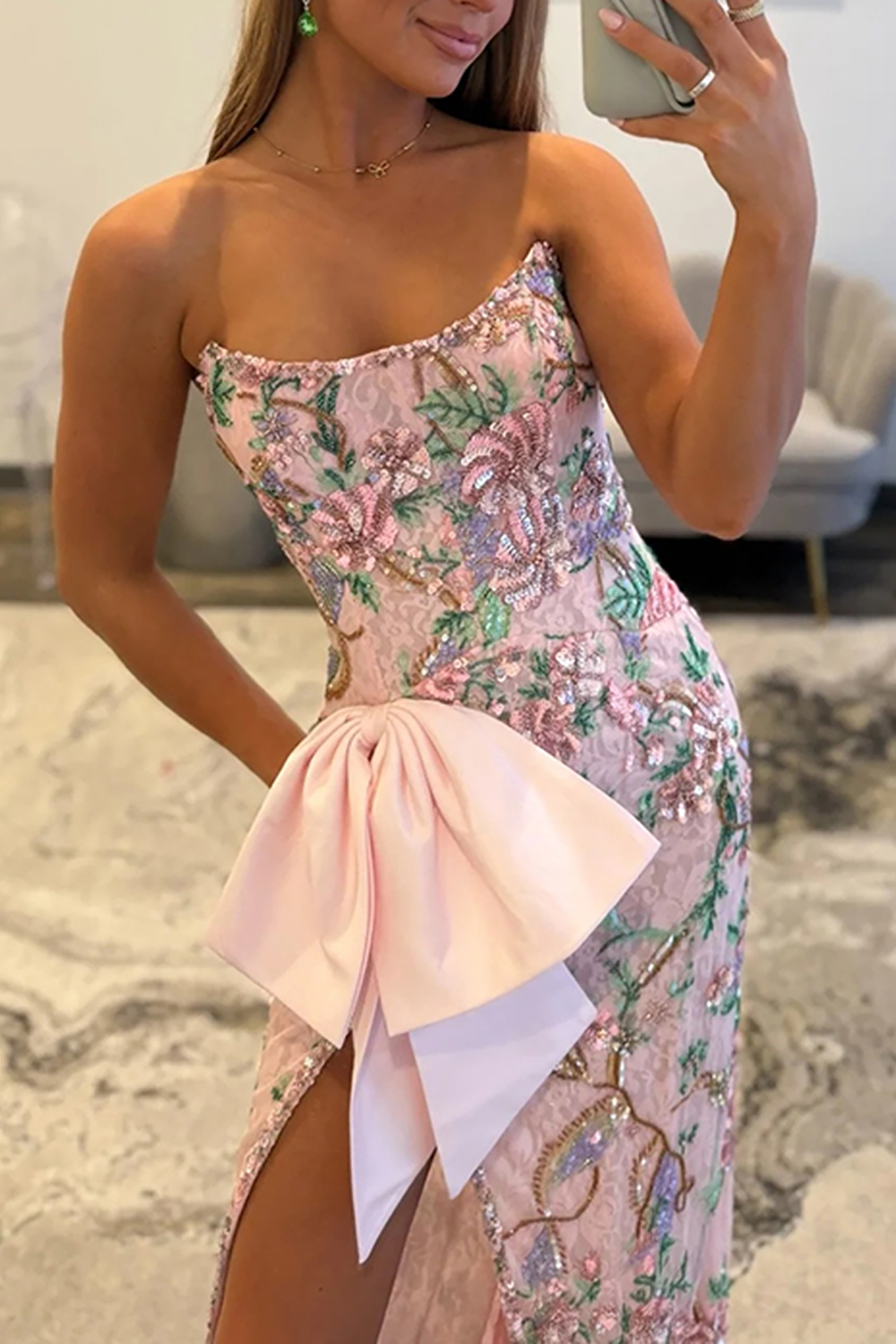 Sparkly Pink Floral Strapless Sheath Long Prom Dress with Bow