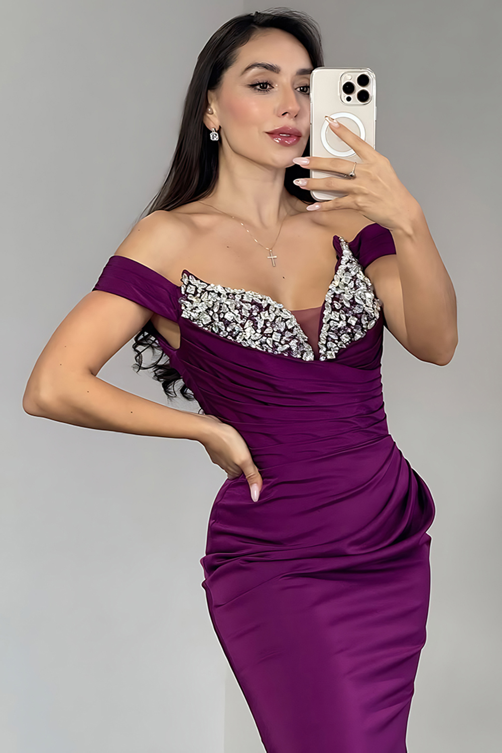 Sparkly Dark Purple Off The Shoulder Mermaid Long Prom Dress with Rhinestone