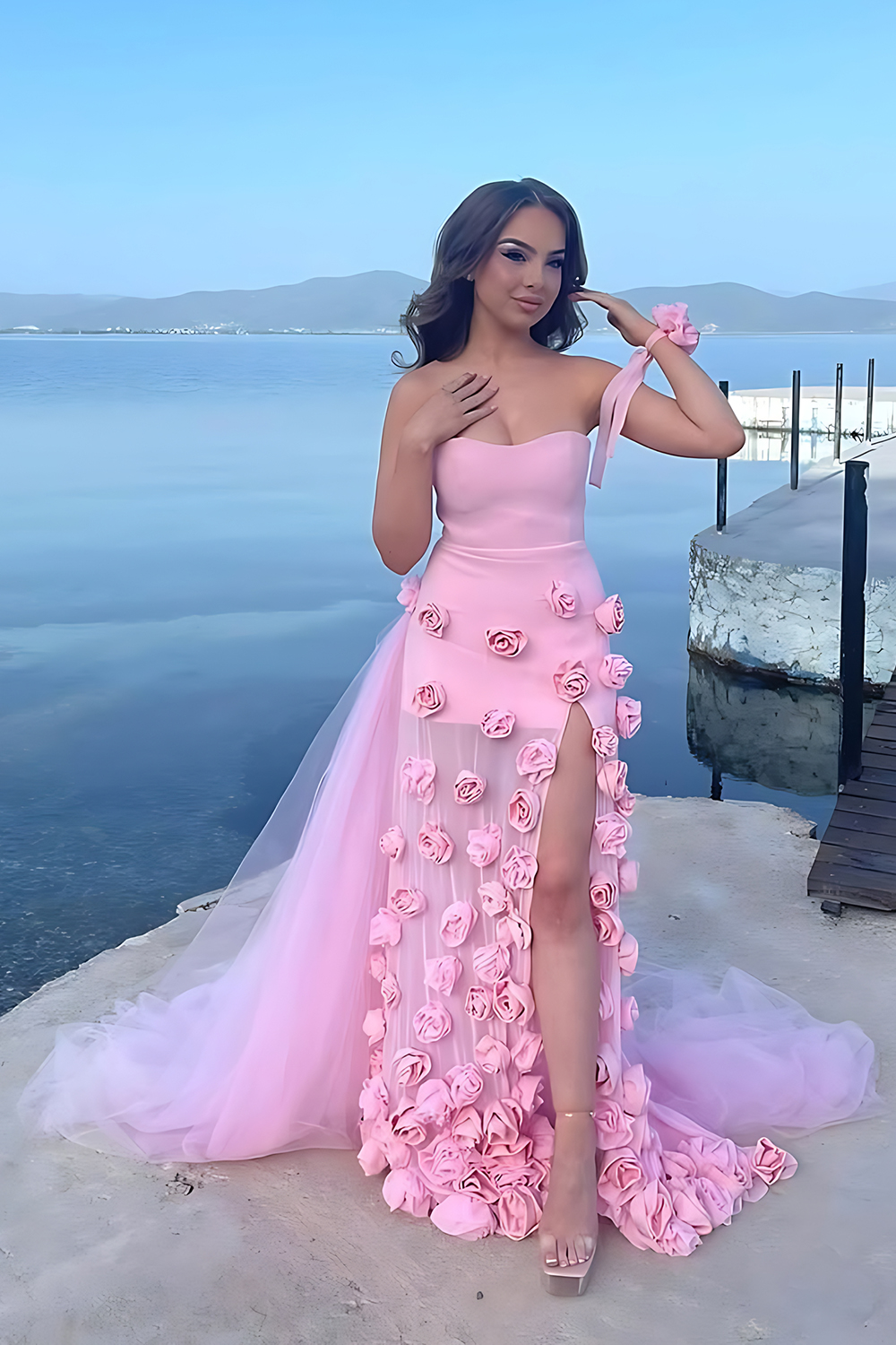 Pink Satin Strapless Sheath Long Prom Dress with 3D Flowers