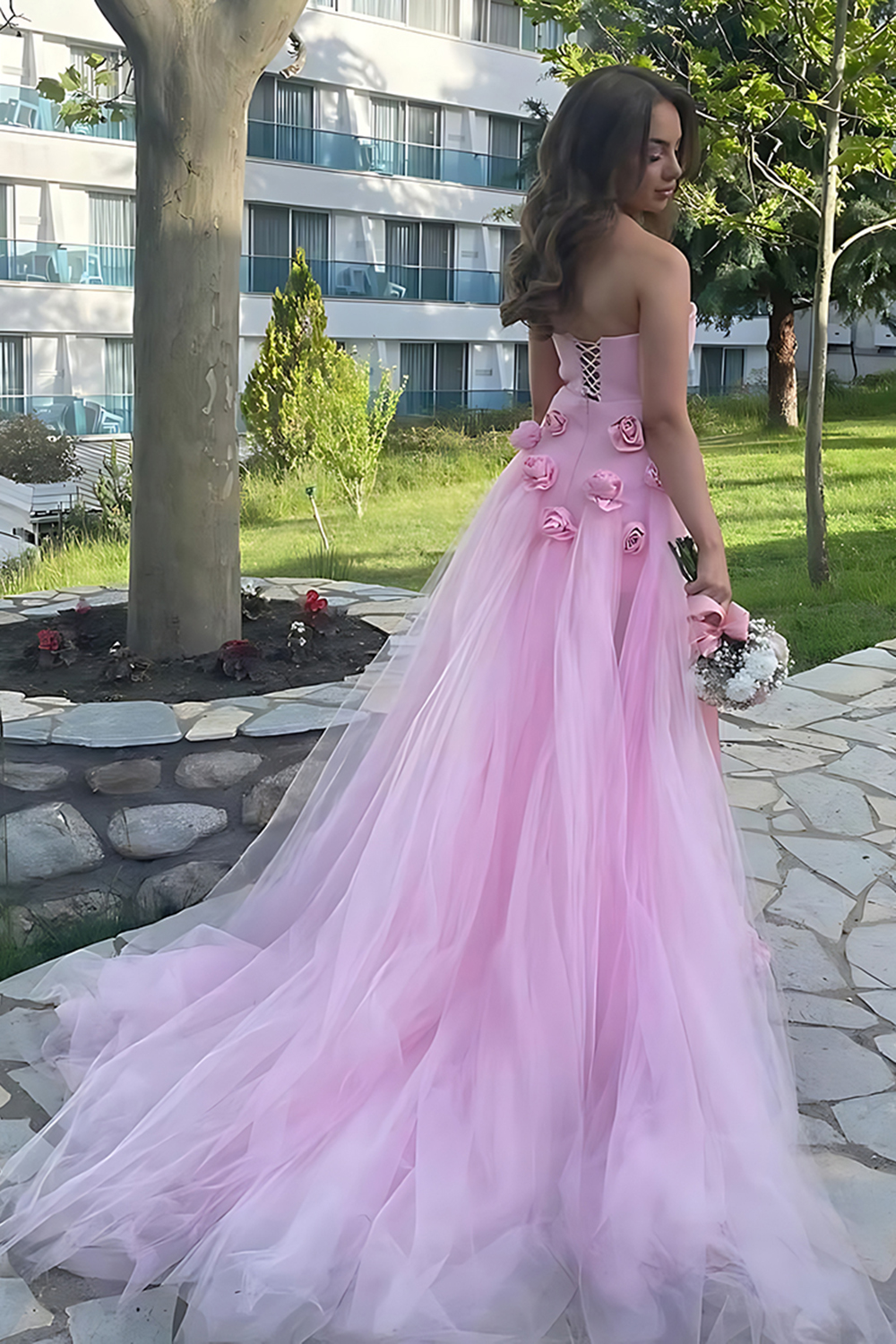 Pink Satin Strapless Sheath Long Prom Dress with 3D Flowers
