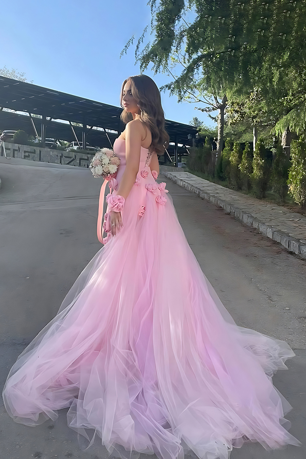 Pink Satin Strapless Sheath Long Prom Dress with 3D Flowers