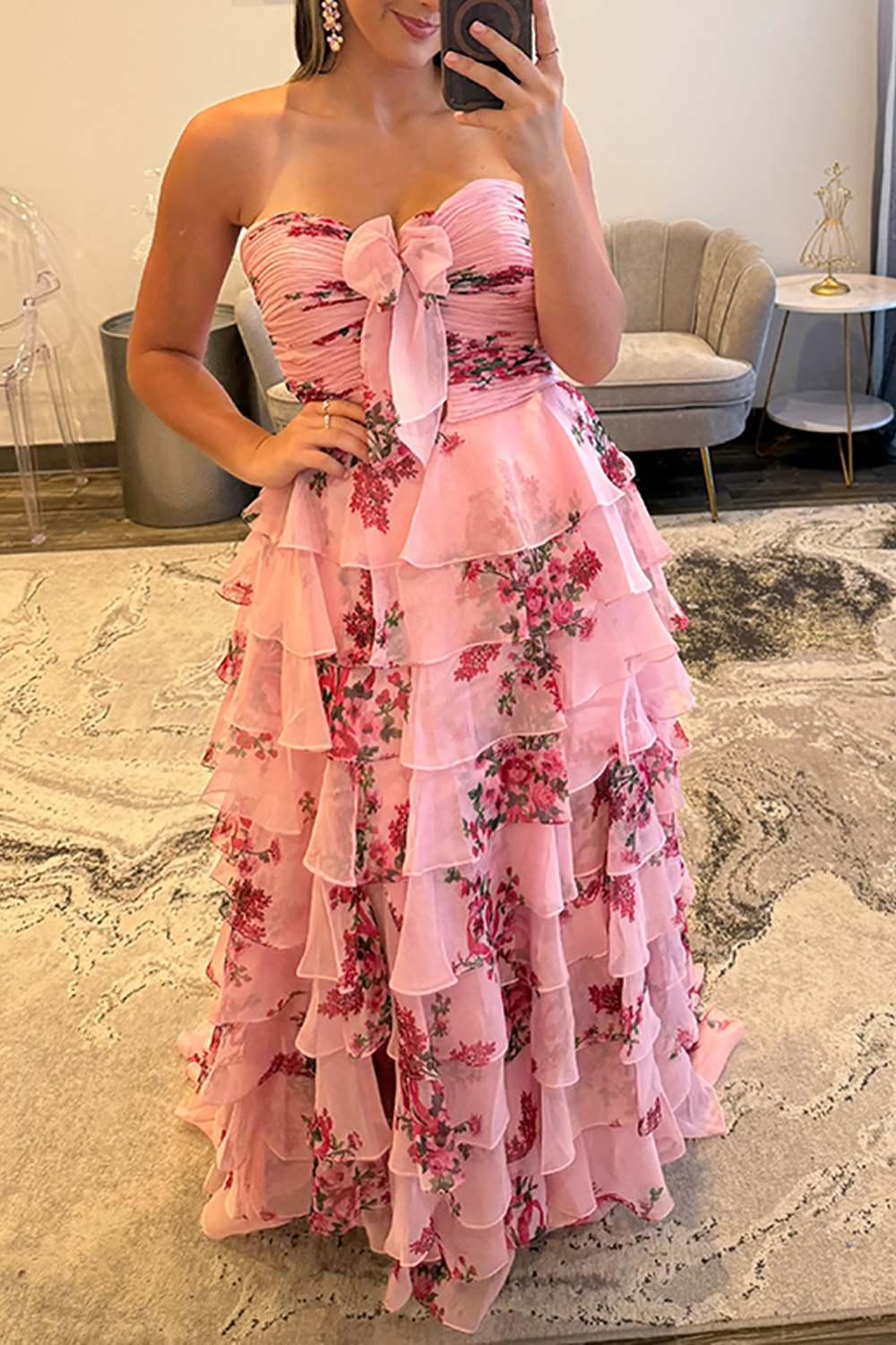 White Floral Sweetheart Tiered Ruffled Long Prom Dress with Bow