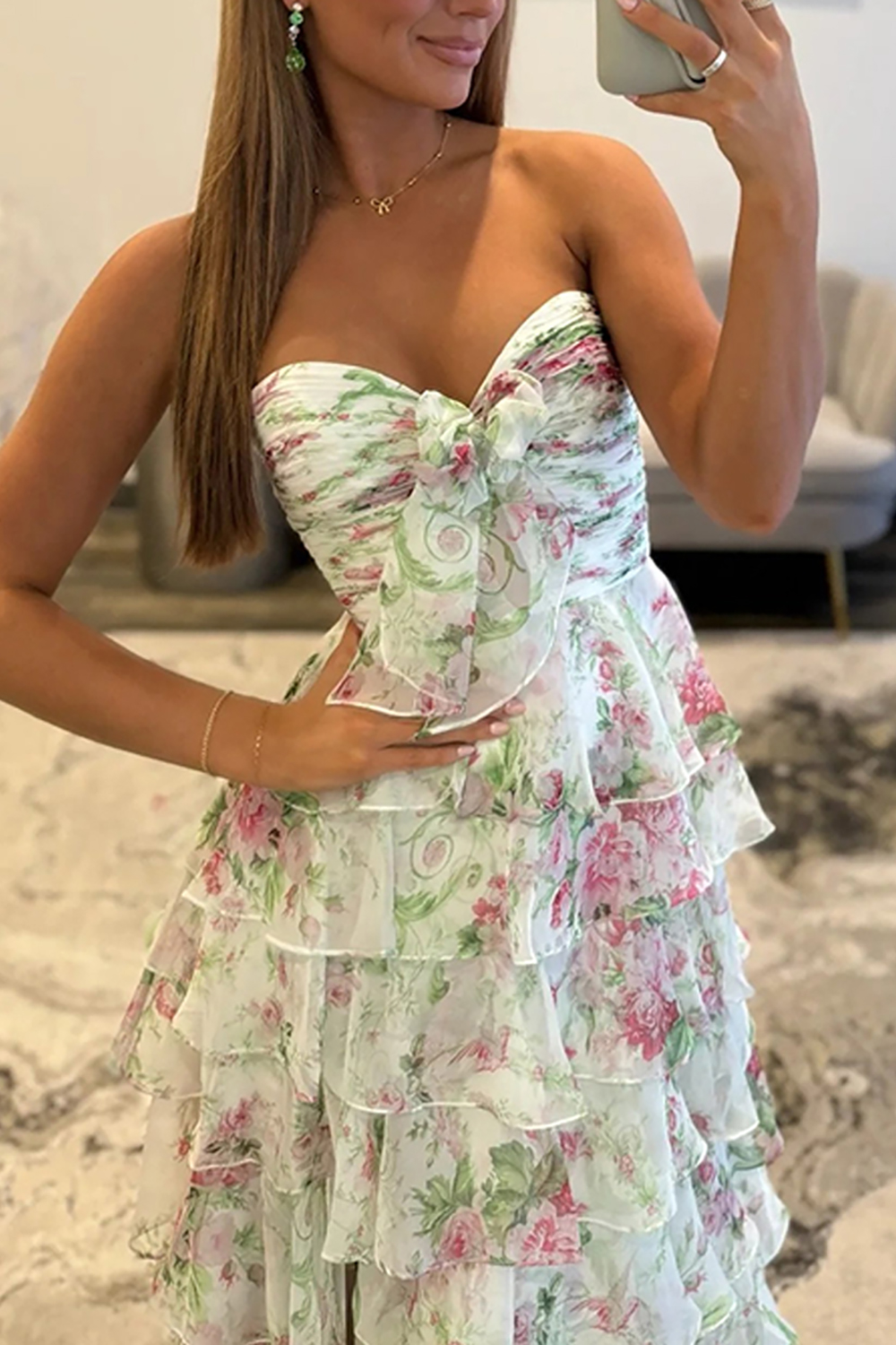 White Floral Sweetheart Tiered Ruffled Long Prom Dress with Bow
