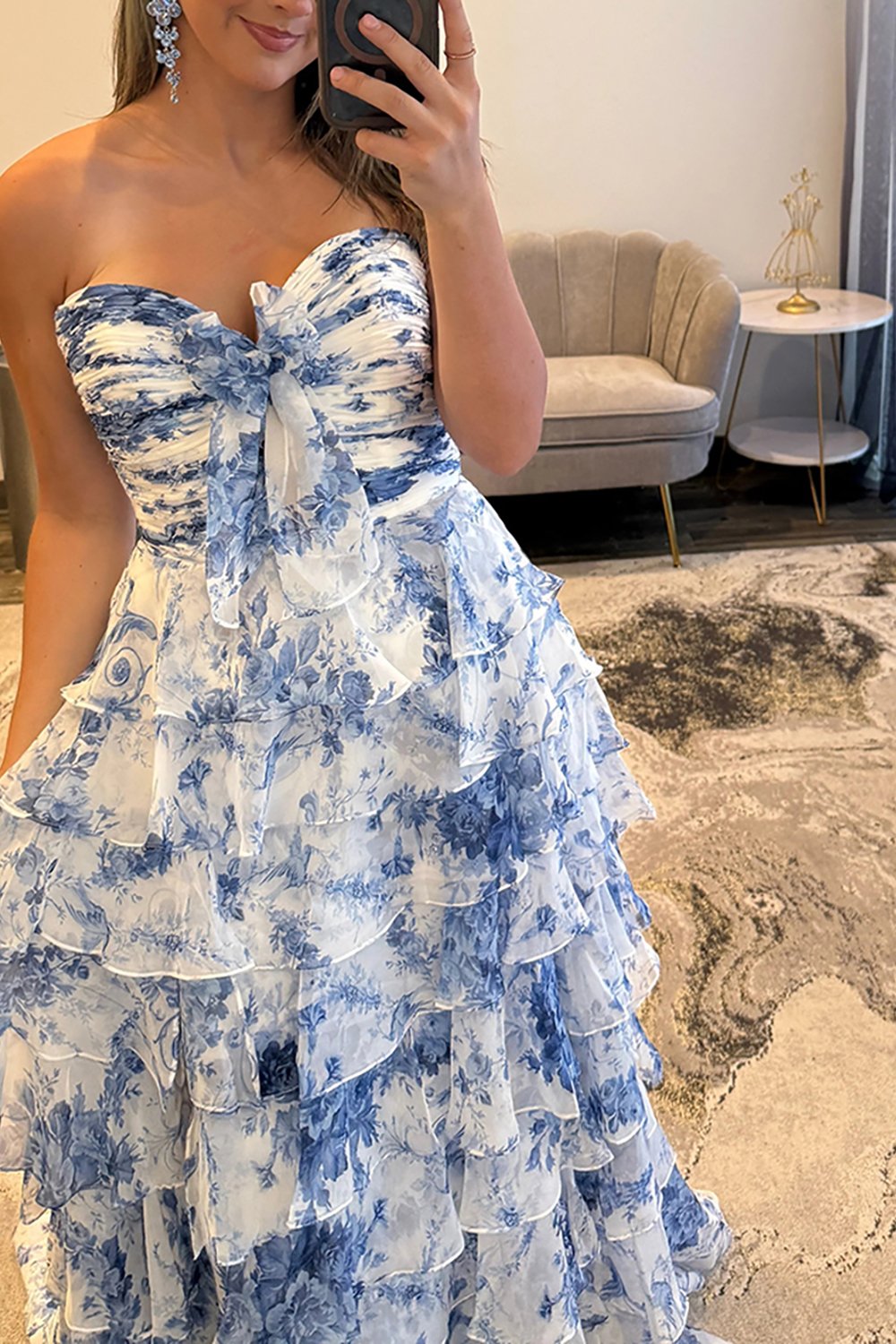 White Blue Floral Sweetheart A Line Tiered Ruffled Long Prom Dress with Bow